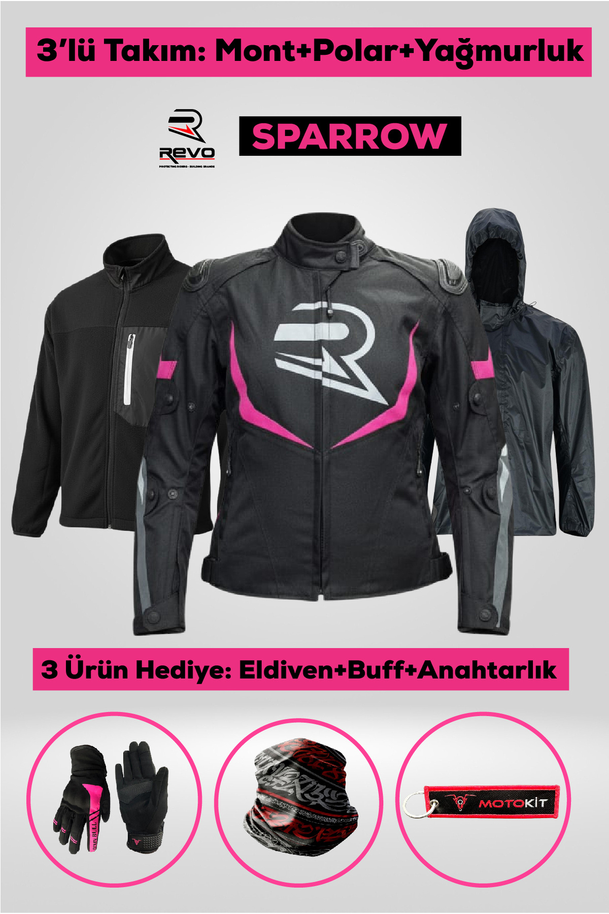 REVO SPARROW Pembe 3 Katmanlı 4 Mevsim Kadın Motosiklet Montu + 5'li Hediye Seti