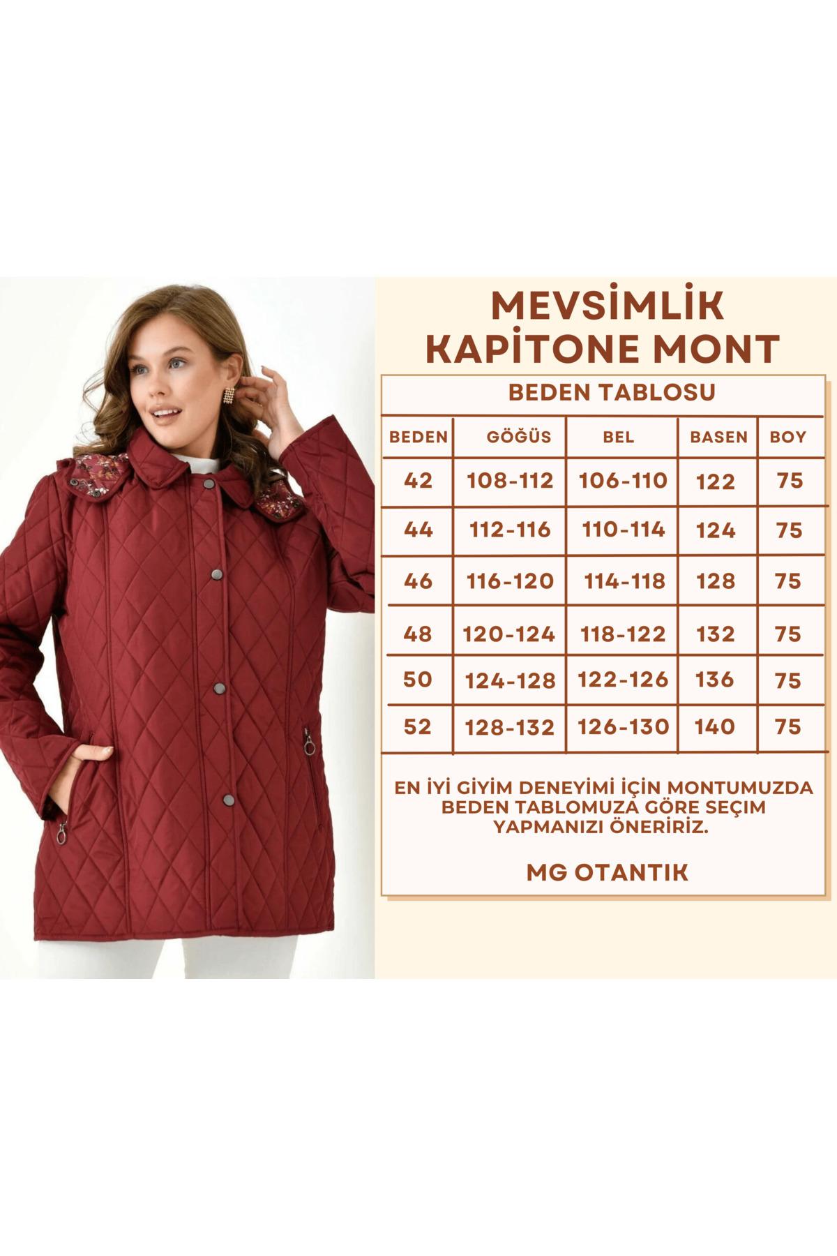 THE VOLER  Kapitone Kadın Büyük Beden Kaban Mont Kapüşonlu İçi Desenli Fermuarlı Çıtçıtlı - Görsel 2