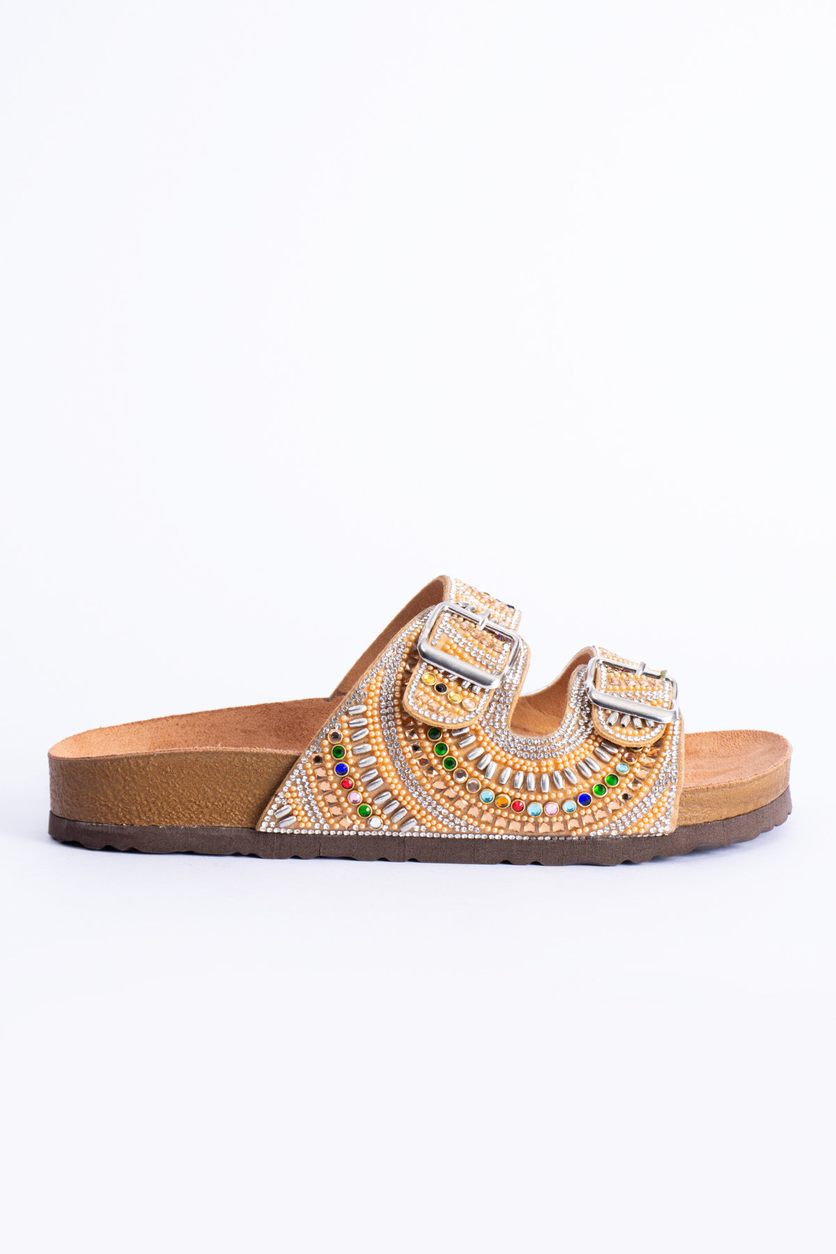 Sahara Women's Anatomical Eva Sole Comfort Stone Diamond Embroidered Double Band Buckle Casual Sandalwood Slippers