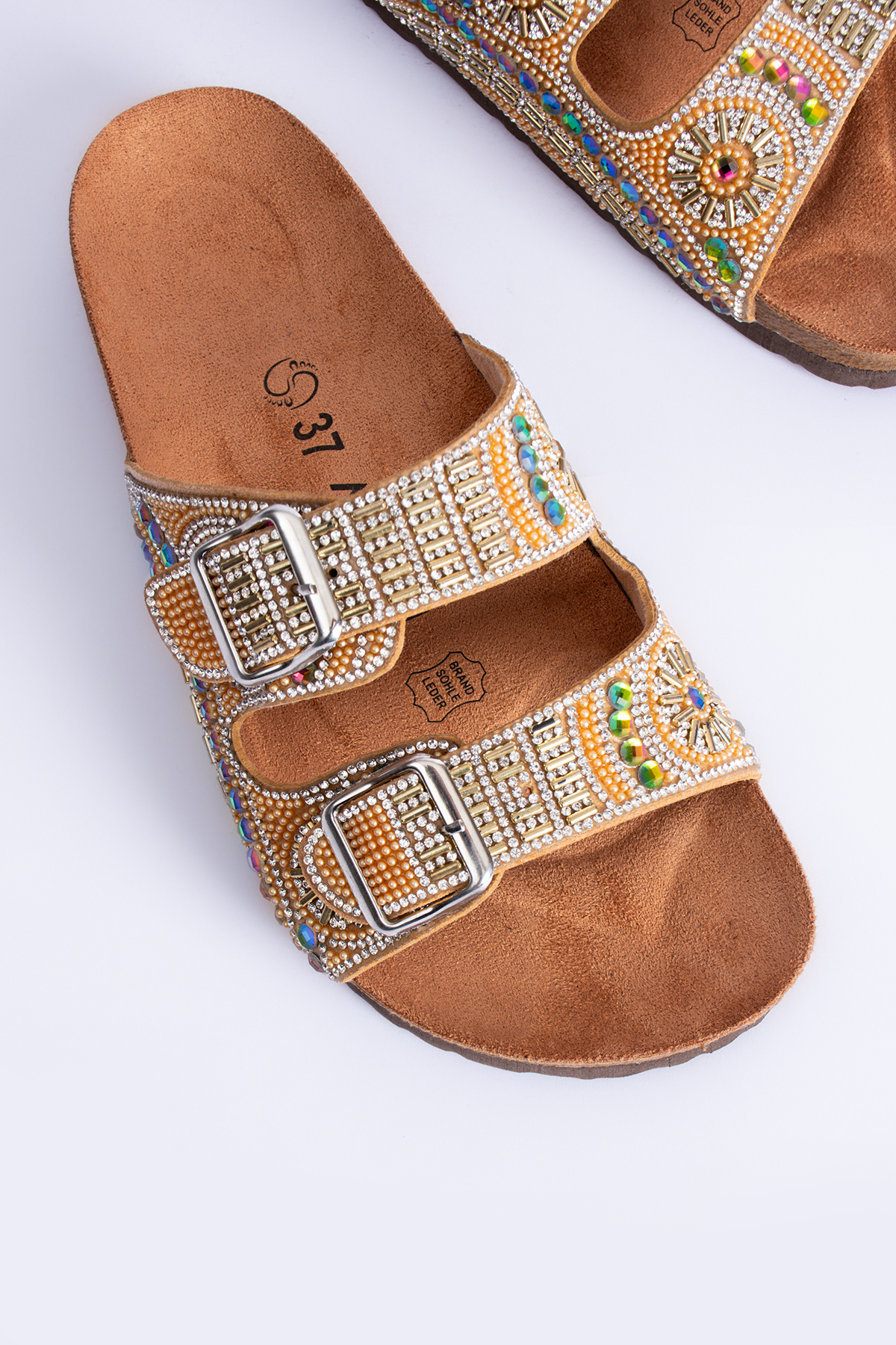 Bloom Women's Orthopedic Eva Sole Comfort Stone Diamond Embroidered Slippers Double Band Buckle Casual Slippers