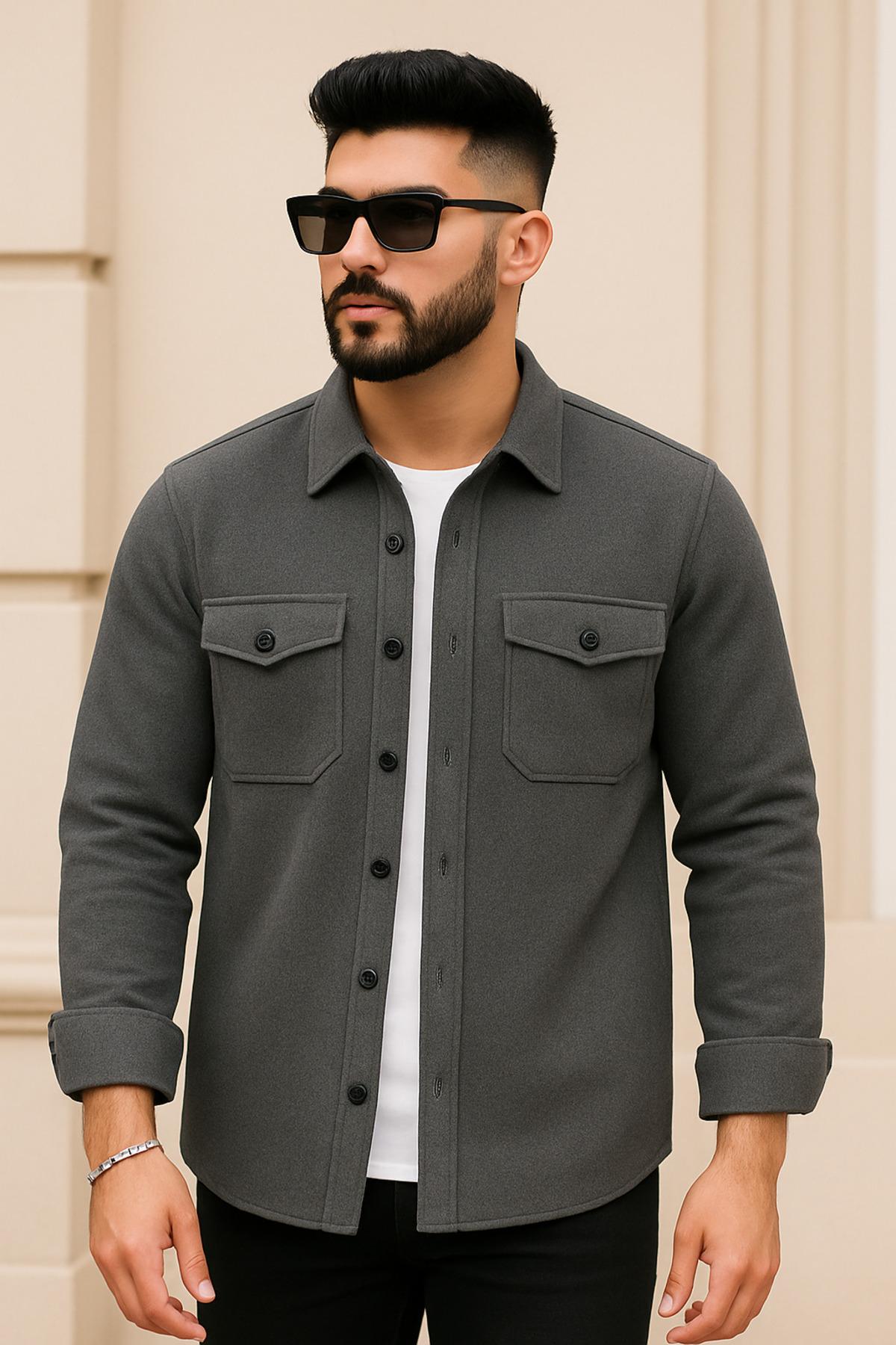 mavisima erkek giyimi  Erkek Gri Kaşe Oduncu Tarzı Gömlek Ceket – Rahat Kalıp Yeni Sezon Kışlık Moda Trend - Görsel 4