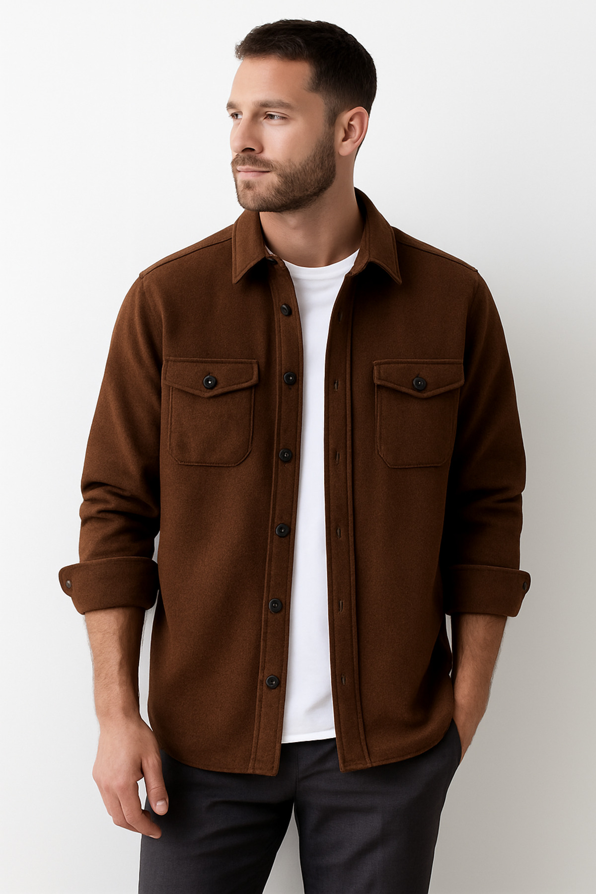 mavisima erkek giyimi  Erkek Kahverengi Kaşe Oduncu Tarzı Gömlek Ceket – Rahat Kalıp Yeni Sezon Kışlık Moda Trend - Görsel 4
