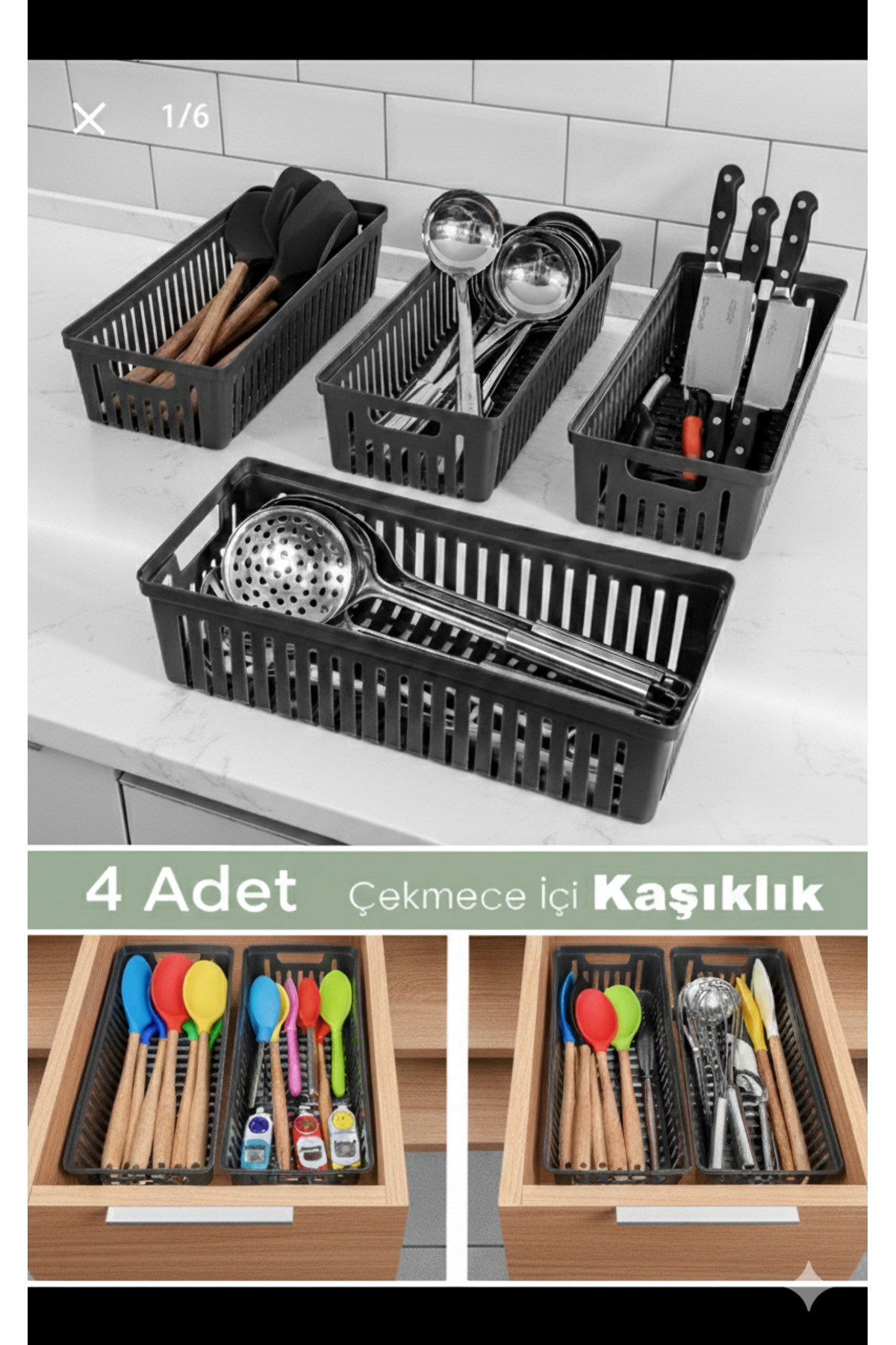 Fast Story 4'Lü Antrasit Kaşıklık Düzenleyici Çekmece içi Organizer Mutfak Düzenleyici
