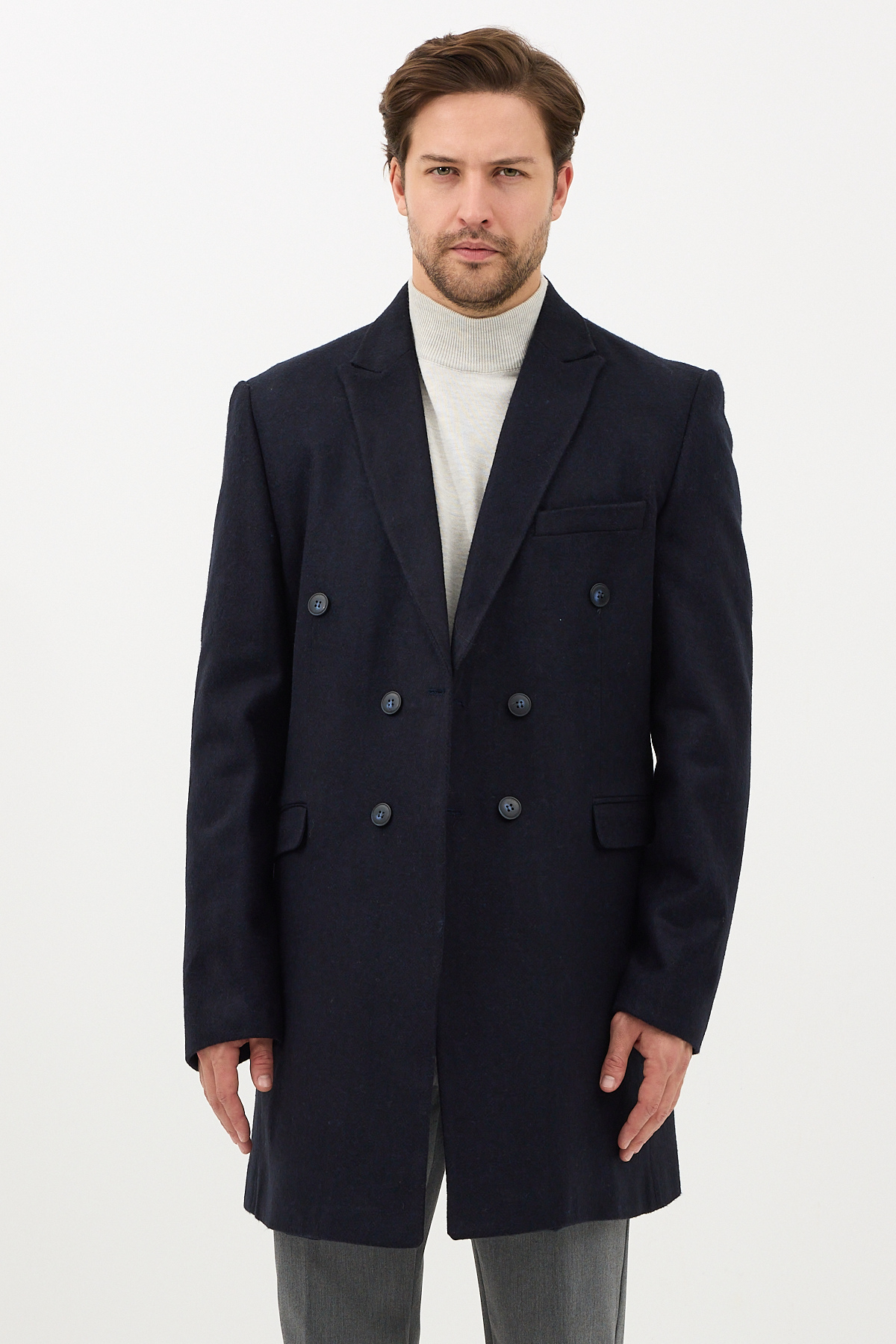 Frappoli  Pagano Erkek Koyu Lacivert Kruvaze Sivri Yaka Slim Fit Kaşe Kaban - Görsel 5