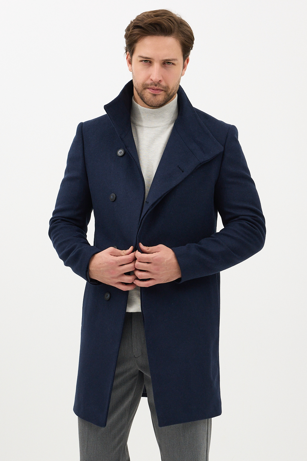 Frappoli Pagano Erkek Lacivert Şal Yaka Slim Fit Kaşe Kaban
