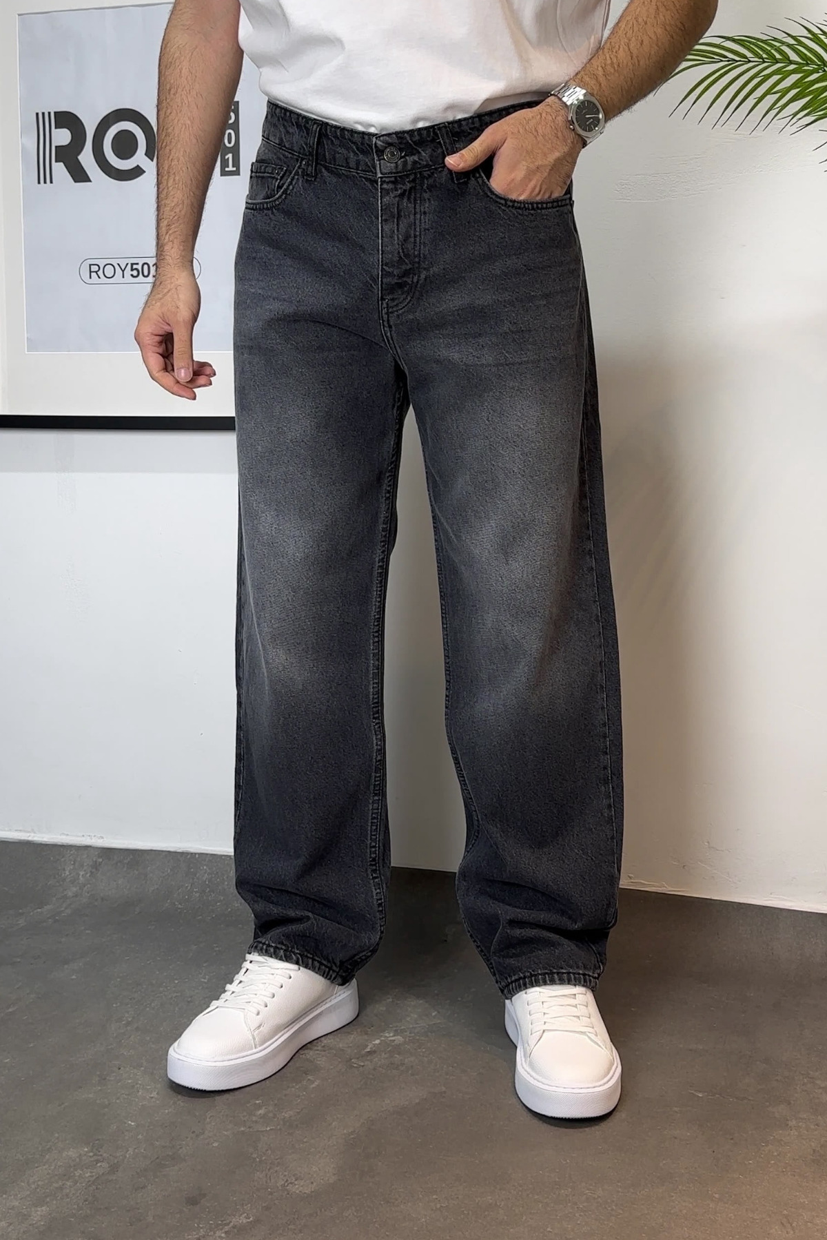 ROY501 Erkek Baggy Pantolon Bol Paça Gri Yıkamalı Baggy Jeans