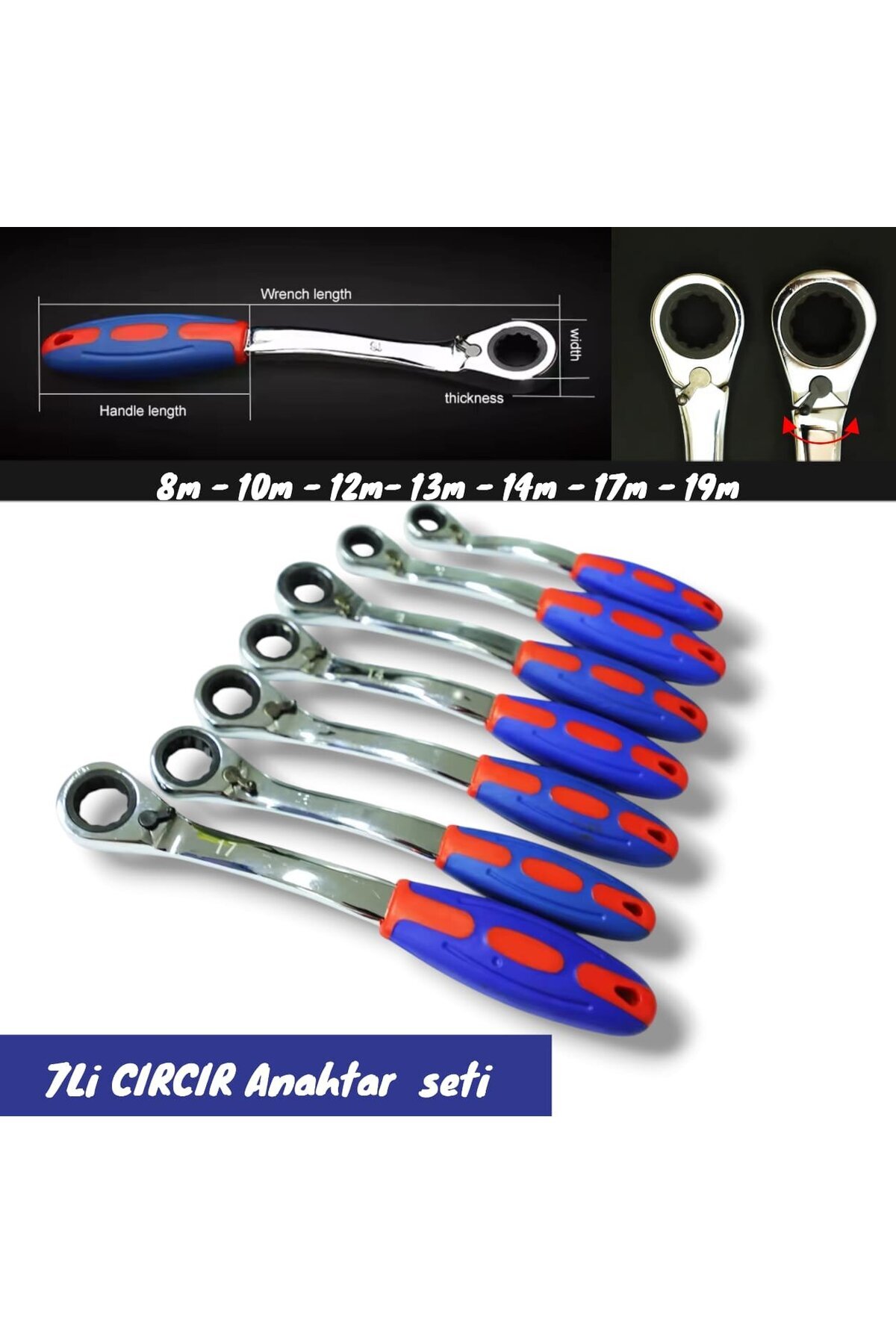 rigour 7 li cırcır anahtar takımı 8-19 mm saplı iki yönlü kombine anahtar 8-10-12-13-14-17-19 mm