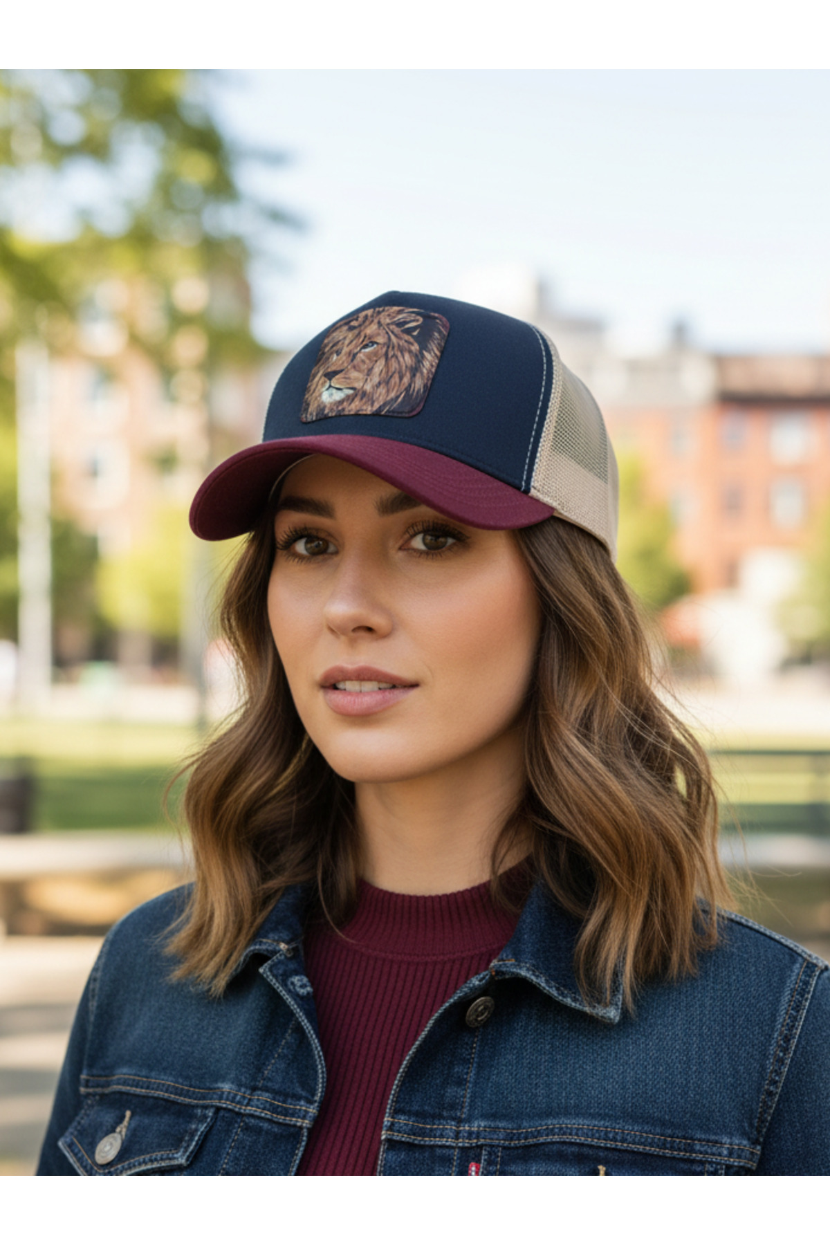 Trucker  Aslan 2 Model Değiştirilebilir Armalı Fileli Şapka Bordo Lacivert Krem - Görsel 2