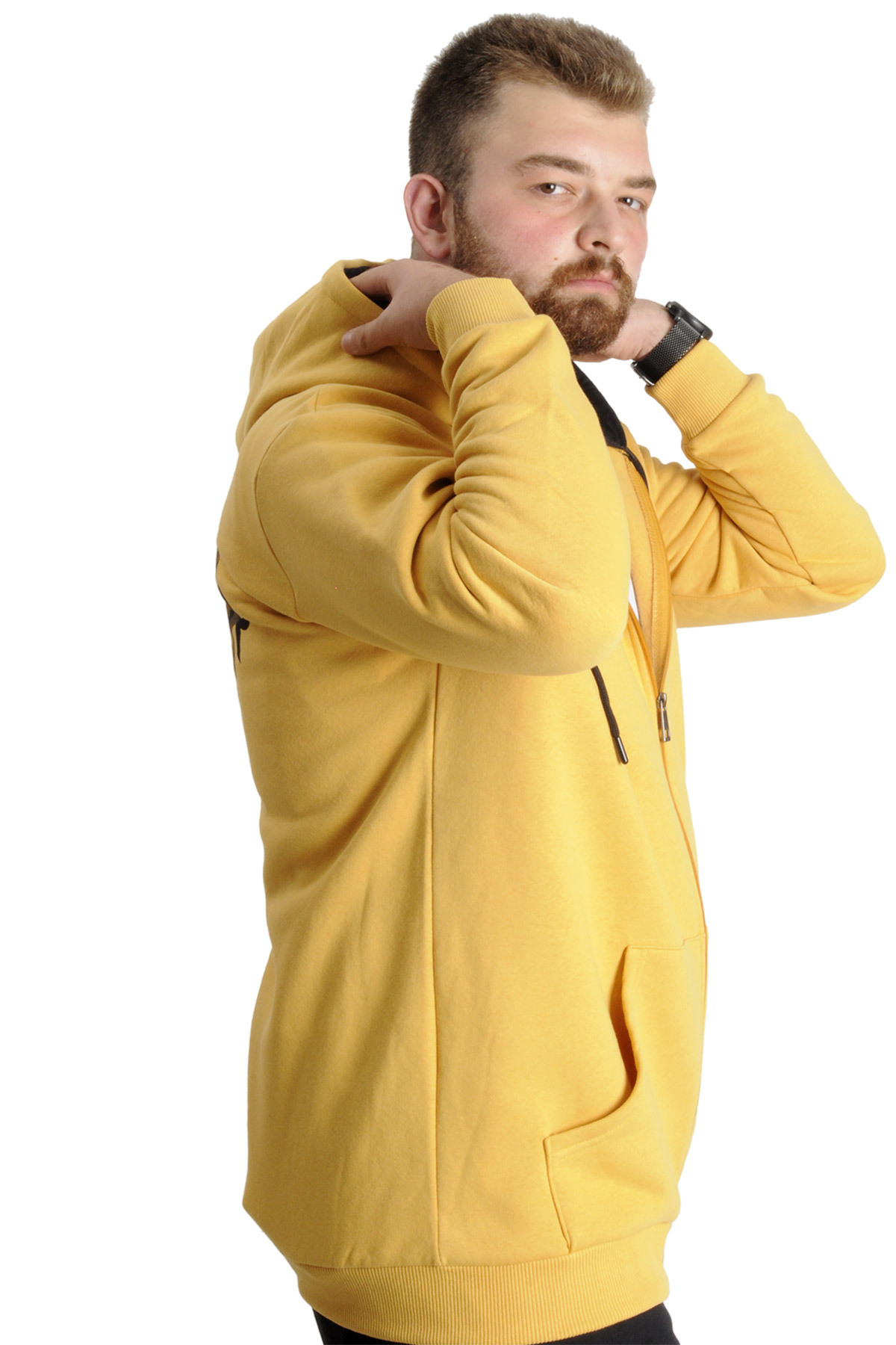 ModeXL Büyük Beden Erkek Sweat Kapüşonlu Fermuarlı Outsider 23547 Hardal görsel 3