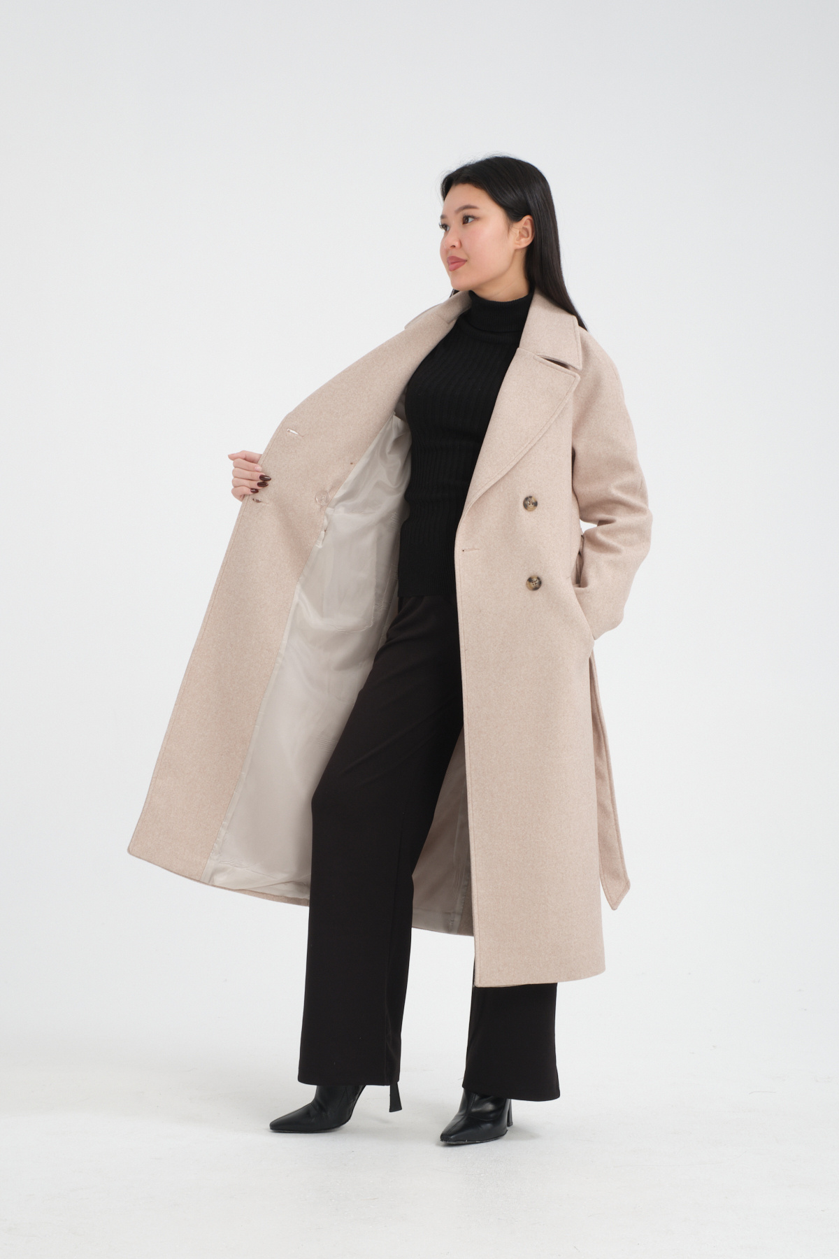 Soydan Güner  Oversize Kruvaze Reglan Kol Ara Boy (120 CM) Kaban Bej 1280 - Görsel 8