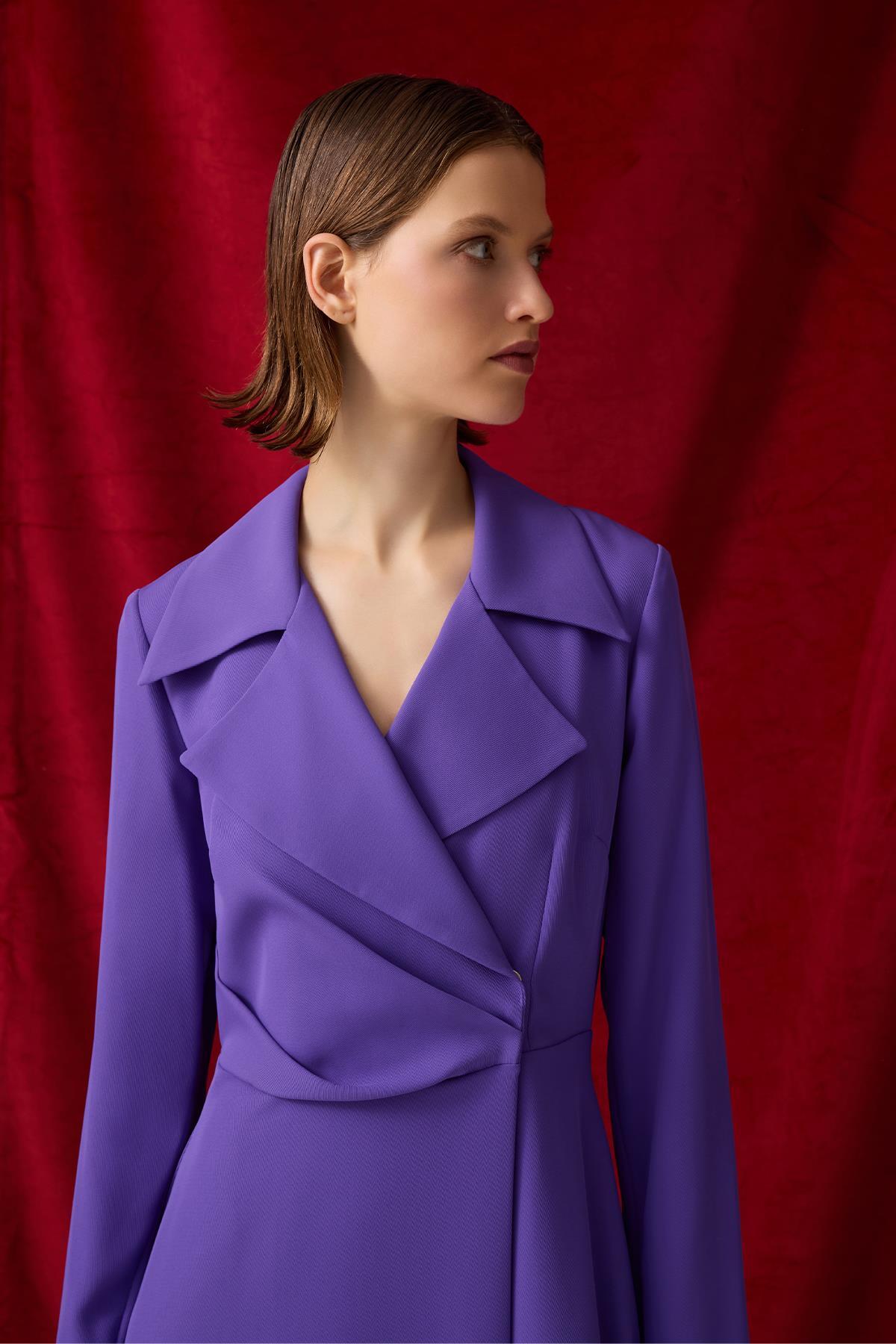 Jus De Pommes  MOR KRUVAZE YAKA VOLANLI MİDİ BOY ELBİSE - Görsel 2