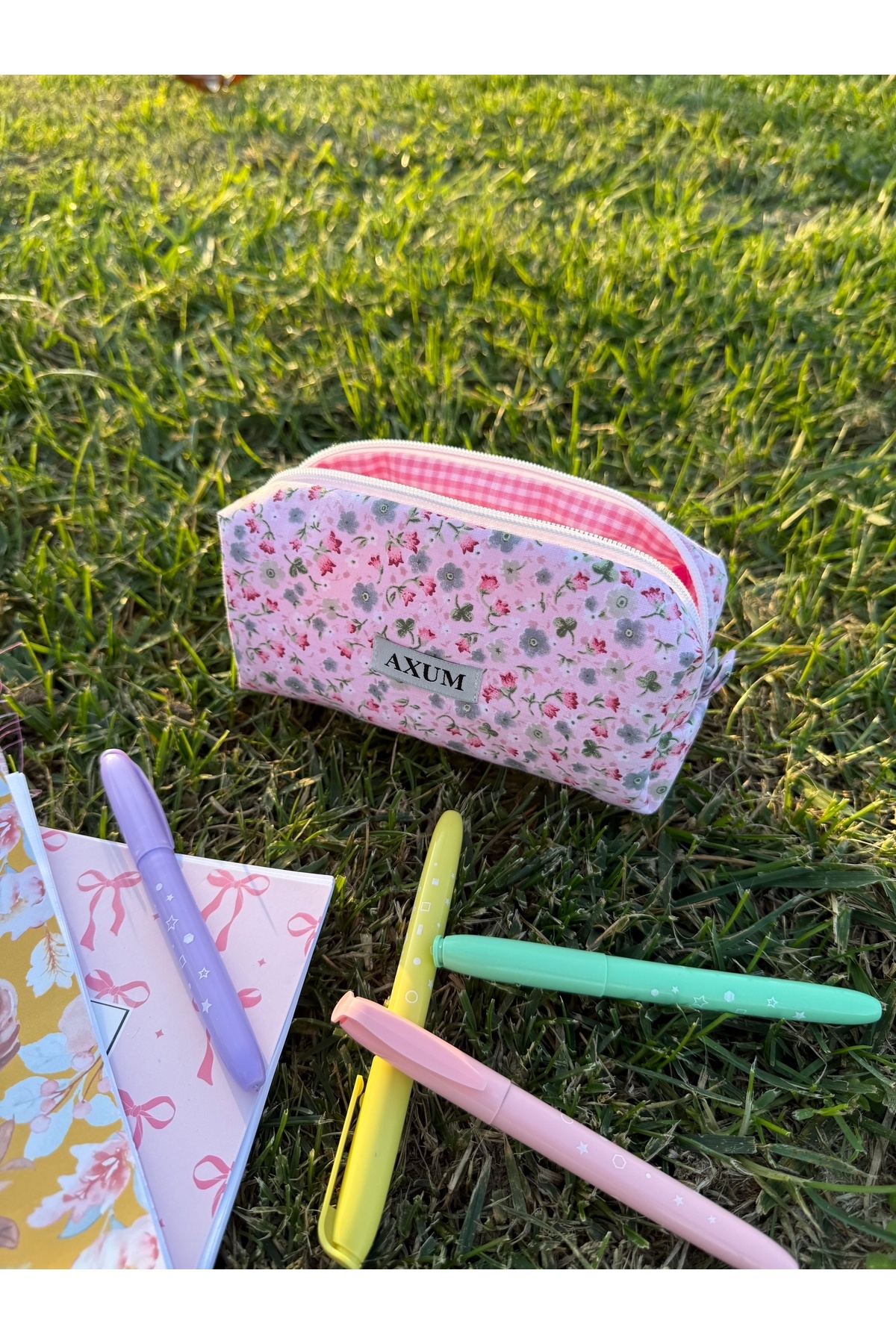 AXUM Pembe Çiçek Desenli Kalemlik Kalem Çantası