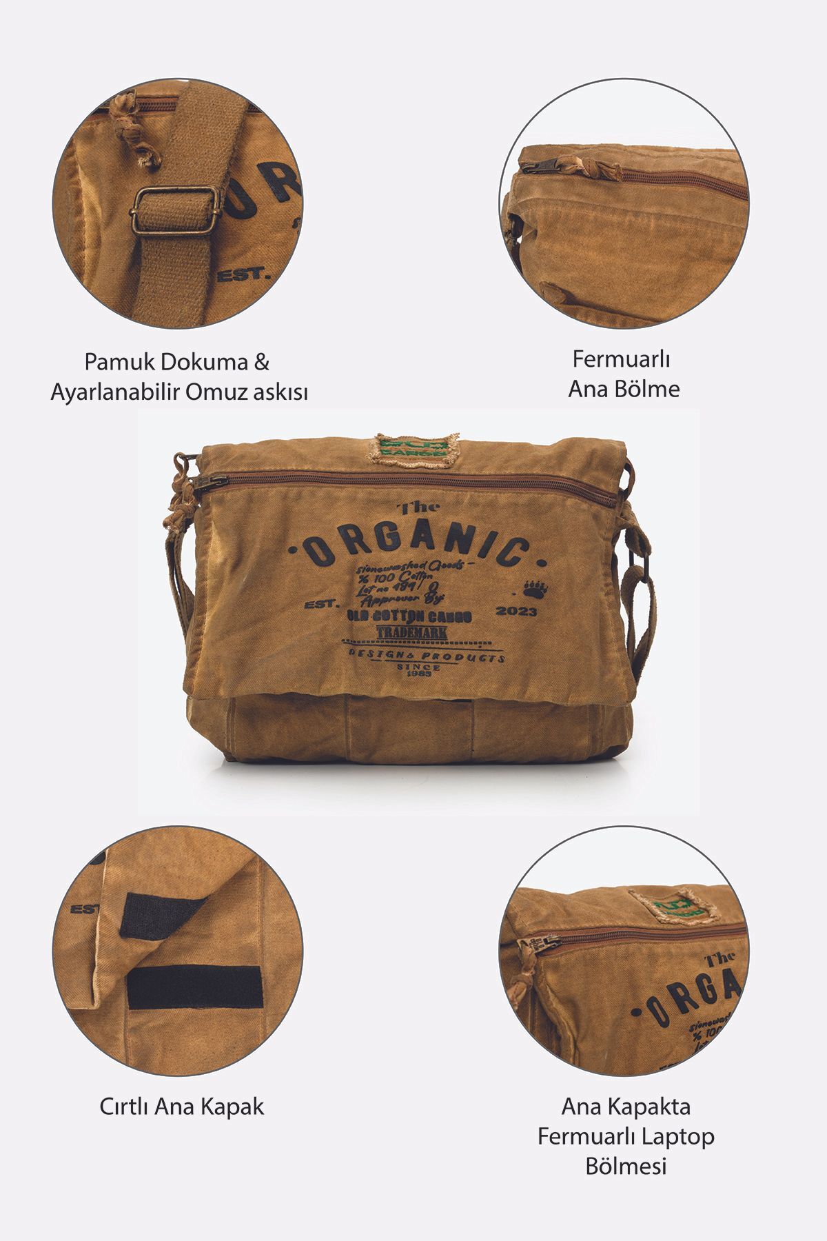 Old Cotton  Salaş Omuz Çantası Pamuk Postacı Laptop Okul Seyahat Günlük Vintage Retro - Mulater Bag 8128 - Görsel 4