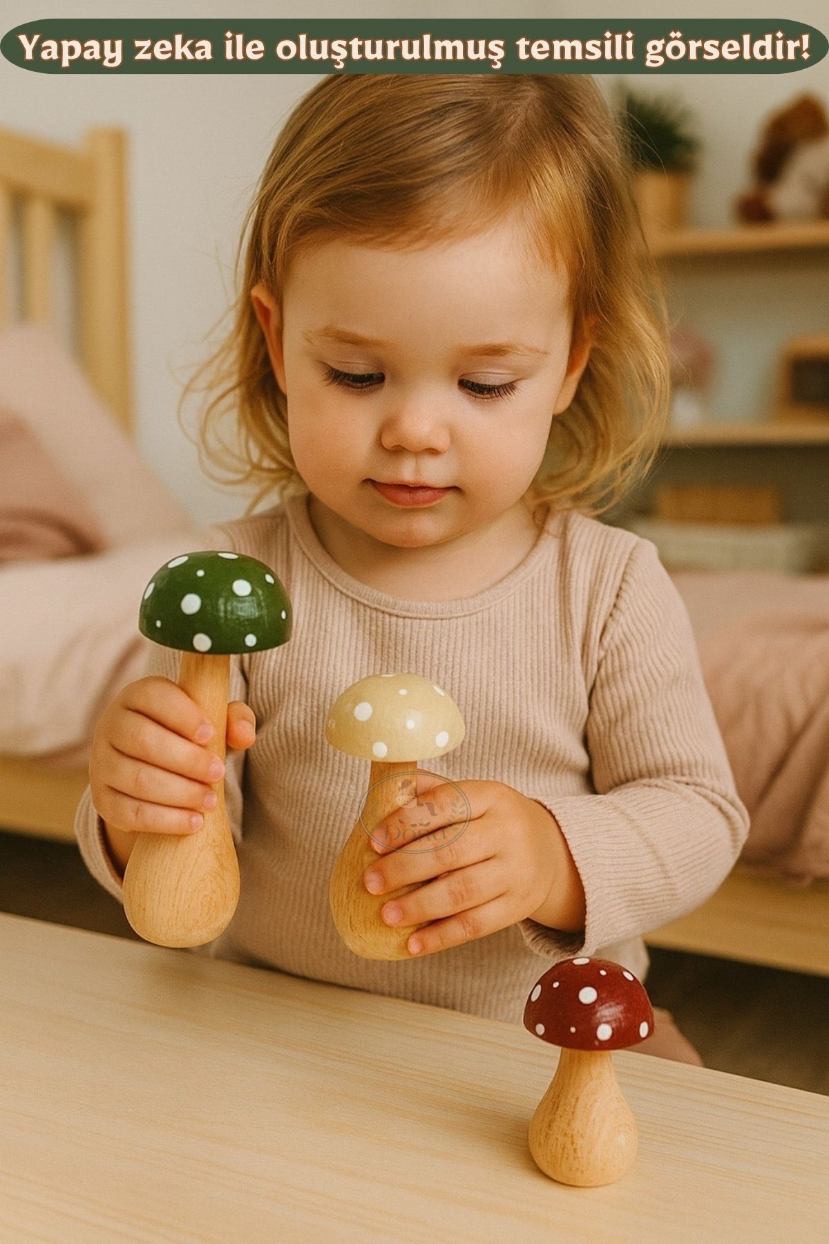 DORU Waldorf 3'lü Minik Doğal Organik Ahşap Mantar Oyuncak Seti Dekor Fotoğraf Çekimi Bebek Odası fotoğrafı 6 (önizleme)