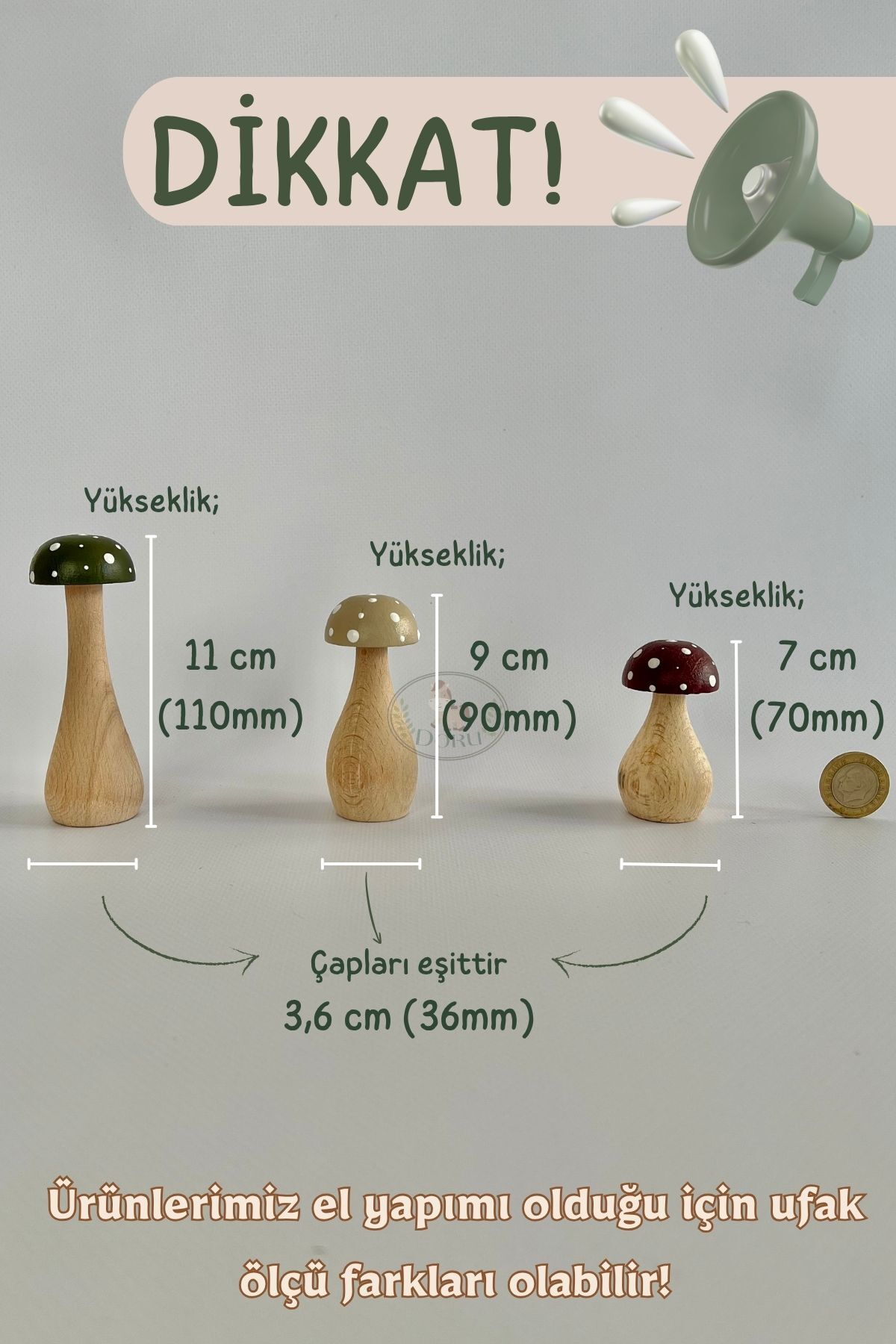 DORU Waldorf 3'lü Minik Doğal Organik Ahşap Mantar Oyuncak Seti Dekor Fotoğraf Çekimi Bebek Odası fotoğrafı 2 (önizleme)
