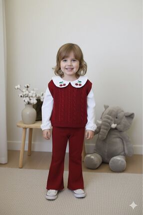 PİNİ CO Yaka detaylı kiraz nakışlı 2 li triko takım