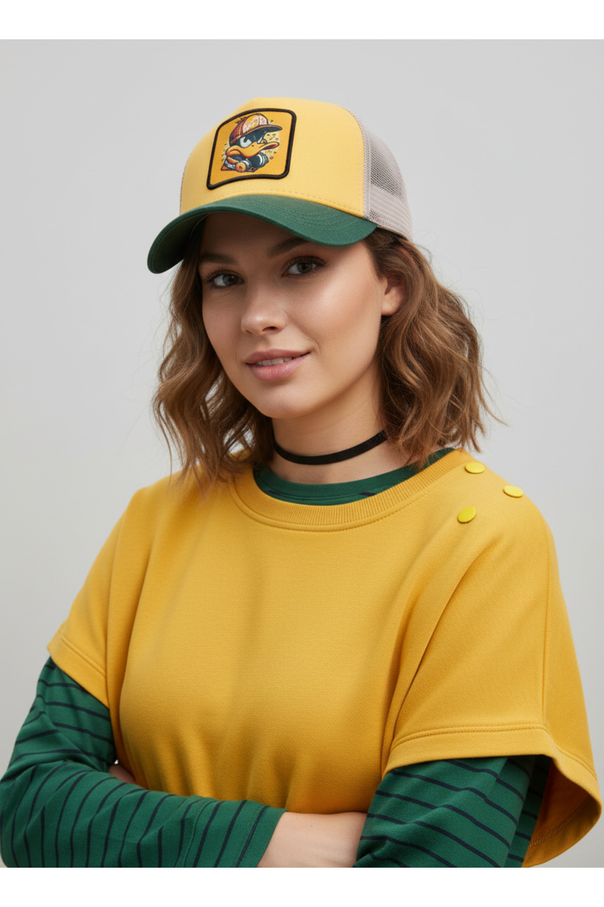 Trucker  Duck2 Model Değiştirilebilir Armalı Fileli Şapka Yeşil Sarı Krem - Görsel 2