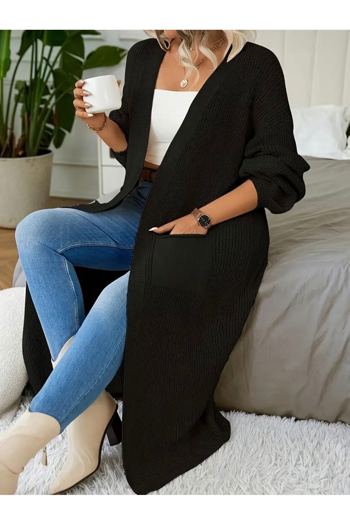 NEWCO  Büyük Beden Battal Kalıp Siyah Cepli Dökümlü Uzun Örgü Hırka (2XL - 3XL Uyumlu)