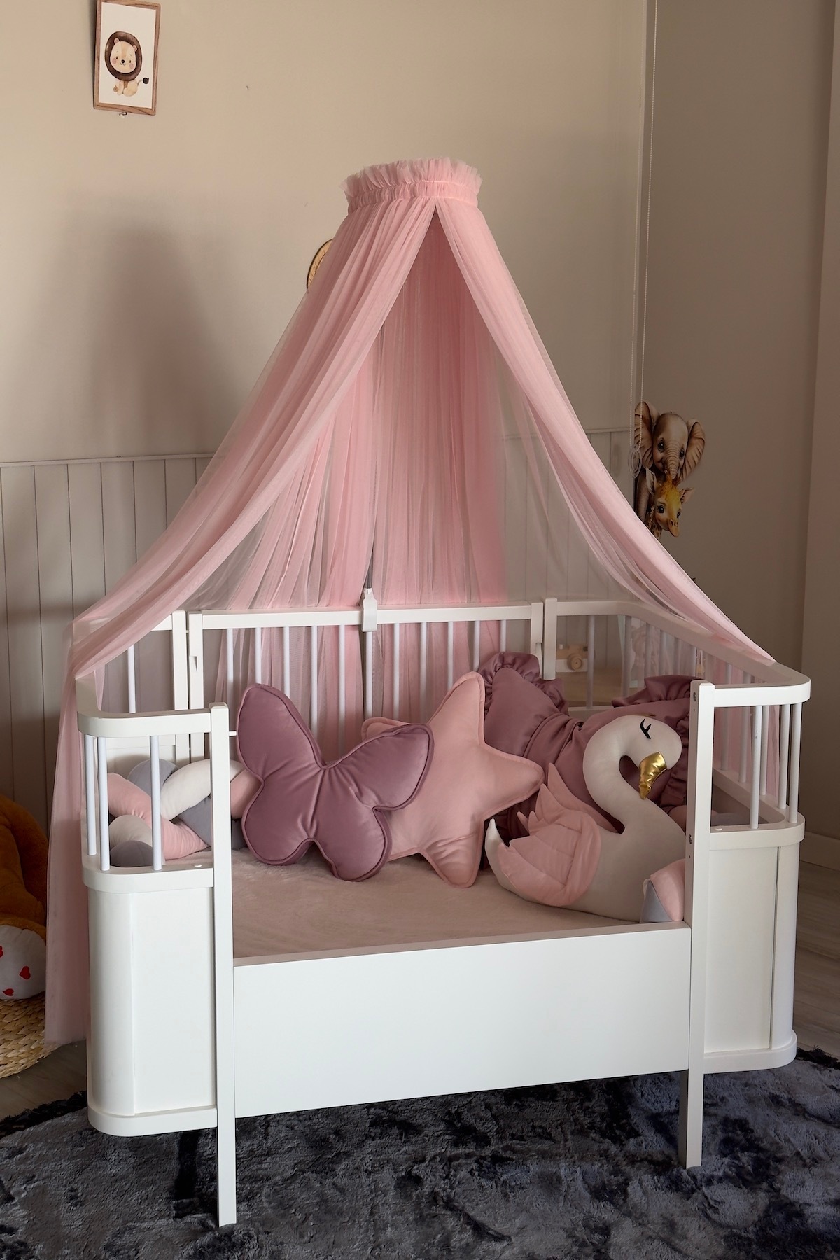 Pastelya Toz Pembe Bebek Beşik Cibinliği Yumuşak Pürüzsüz Tül Sineklik Aparatlı Cibinlik fotoğrafı 2 (önizleme)