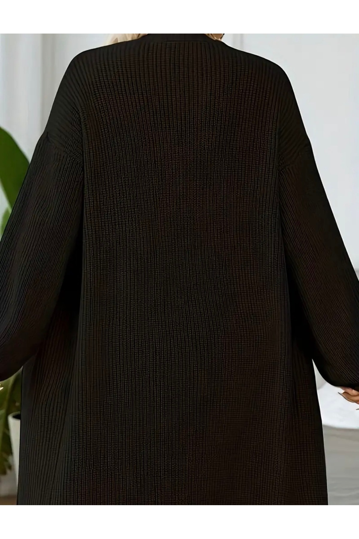 NEWCO  Büyük Beden Battal Kalıp Siyah Cepli Dökümlü Uzun Örgü Hırka (2XL - 3XL Uyumlu) - Görsel 2