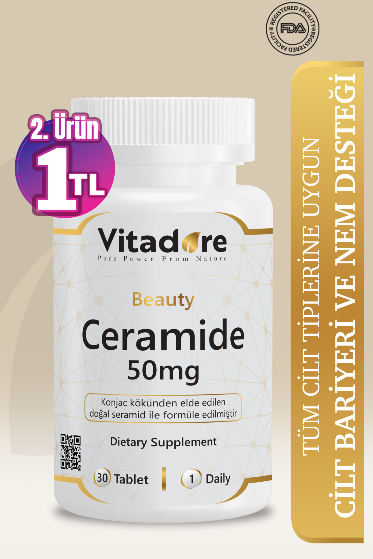 Vitadore Ceramide 50mg 30 Tablet - Konjac Seramid - Leke, Cilt Bariyeri, Nem Ve Kırışıklık - Vegan - Beauty