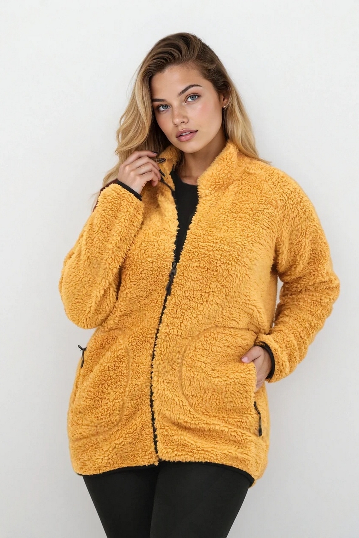 Women's Softshell Wool Plush Furry Lamb Welsoft Jacket Bone Zipper 3 Pockets Detailed (Full Size)