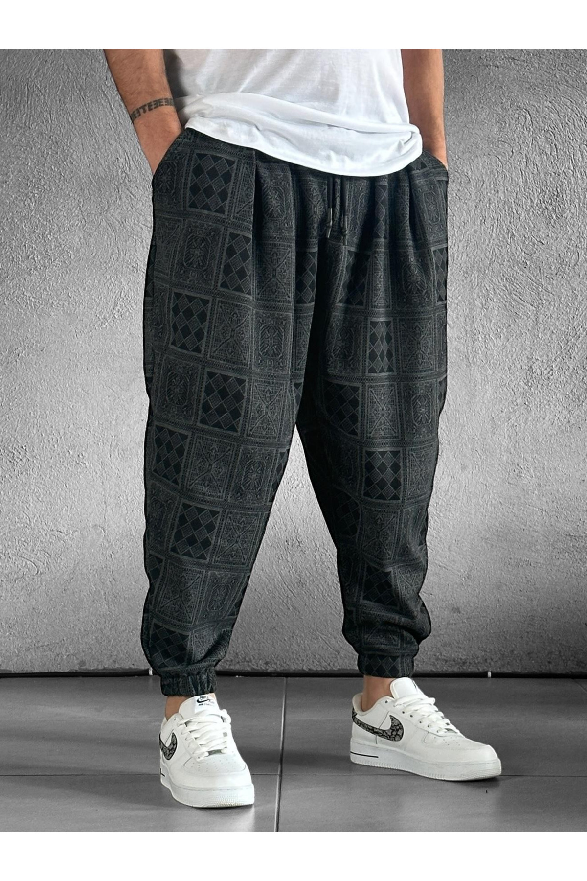 Erkek Gri Poker Desenli Pileli Şalvar Pantolon COC2123