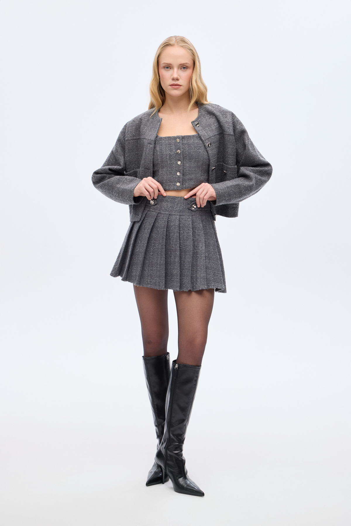 Quzu Düğme Detaylı Pileli Tüvit Mini Etek Antrasit
