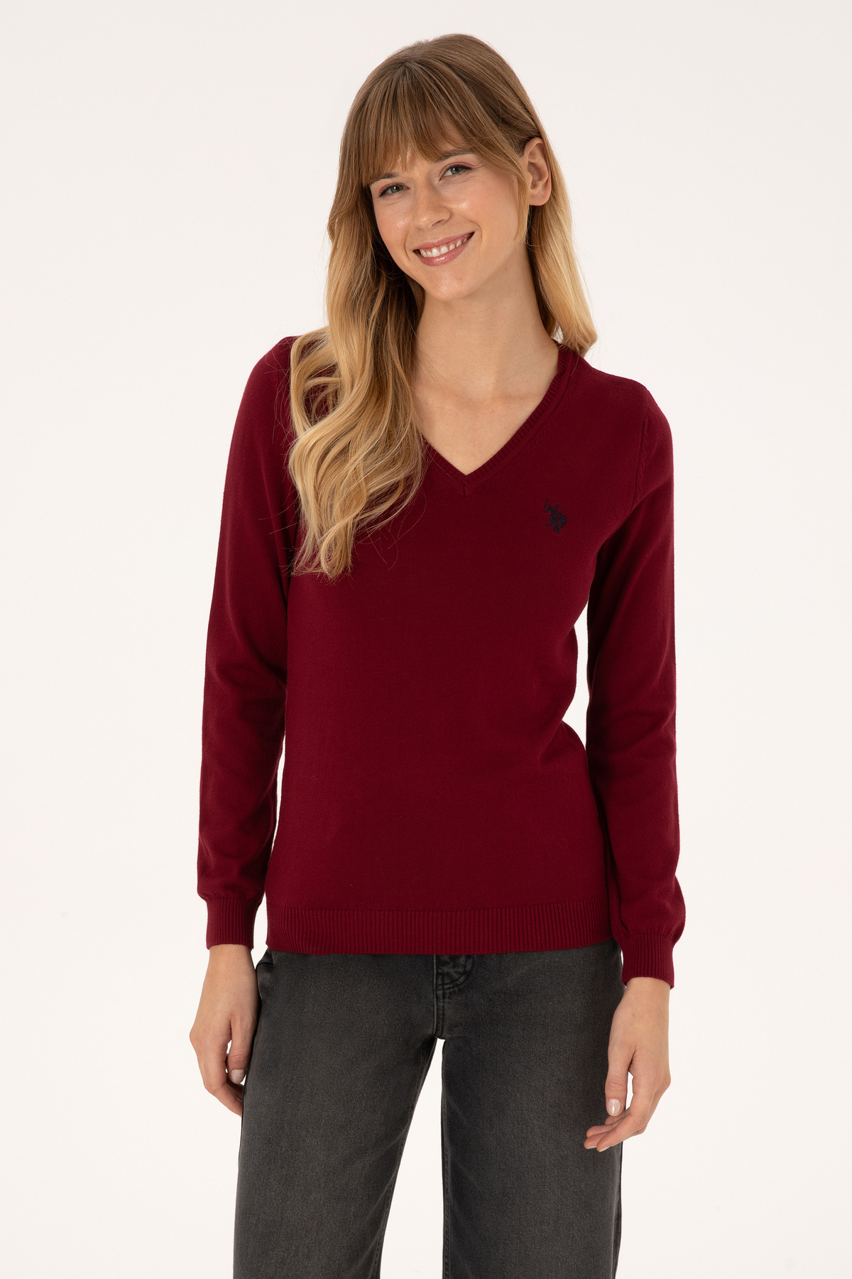 U.S. Polo Assn. Kadın Bordo V Yaka Basic Kazak 50313590-VR014