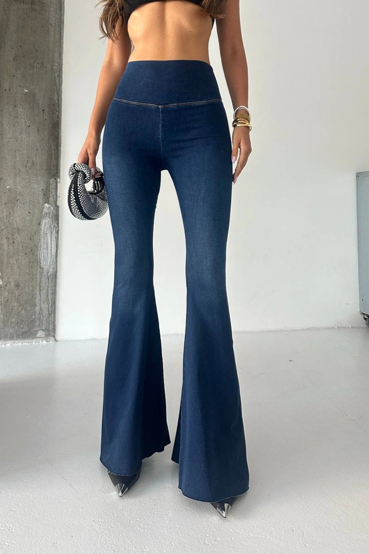 Harmony  Lacivert Extra Geniş Paça Tayt Formunda Yüksek Bel Likralı İspanyol Jeans