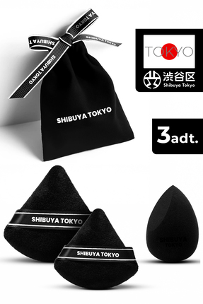 SHIBUYA Üçgen Pudra Pufu ve Makyaj Süngeri 3’lü Set Kumaş Kese Siyah