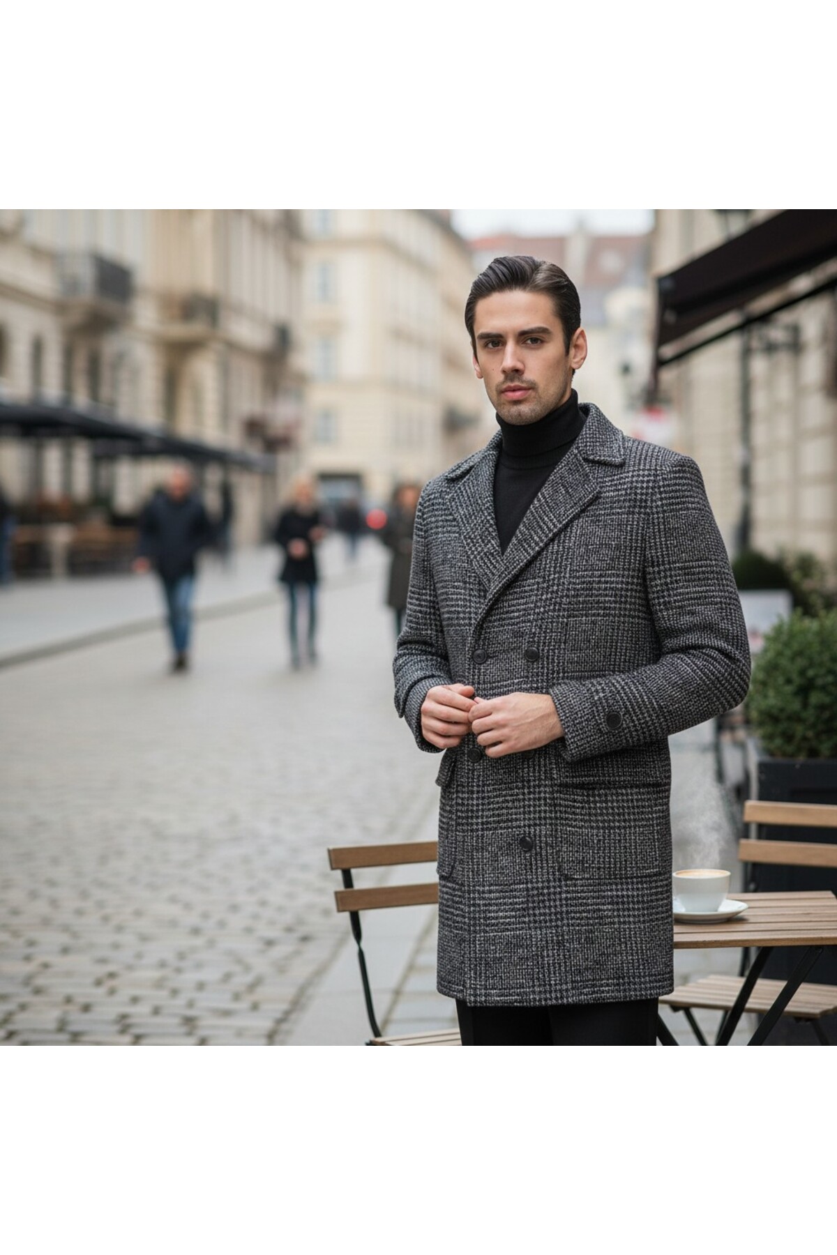 Frappoli  Ekose Desenli Erkek Kalın Kaşe Kaban Regular Fit