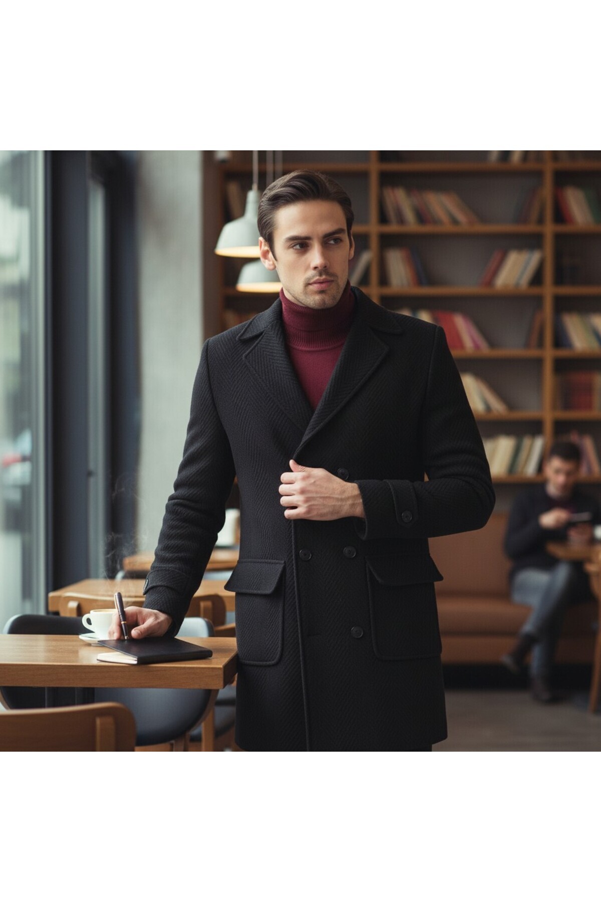 Frappoli Balıksırtı Desenli Erkek Kalın Kaşe Kaban Regular Fit Kruvaze