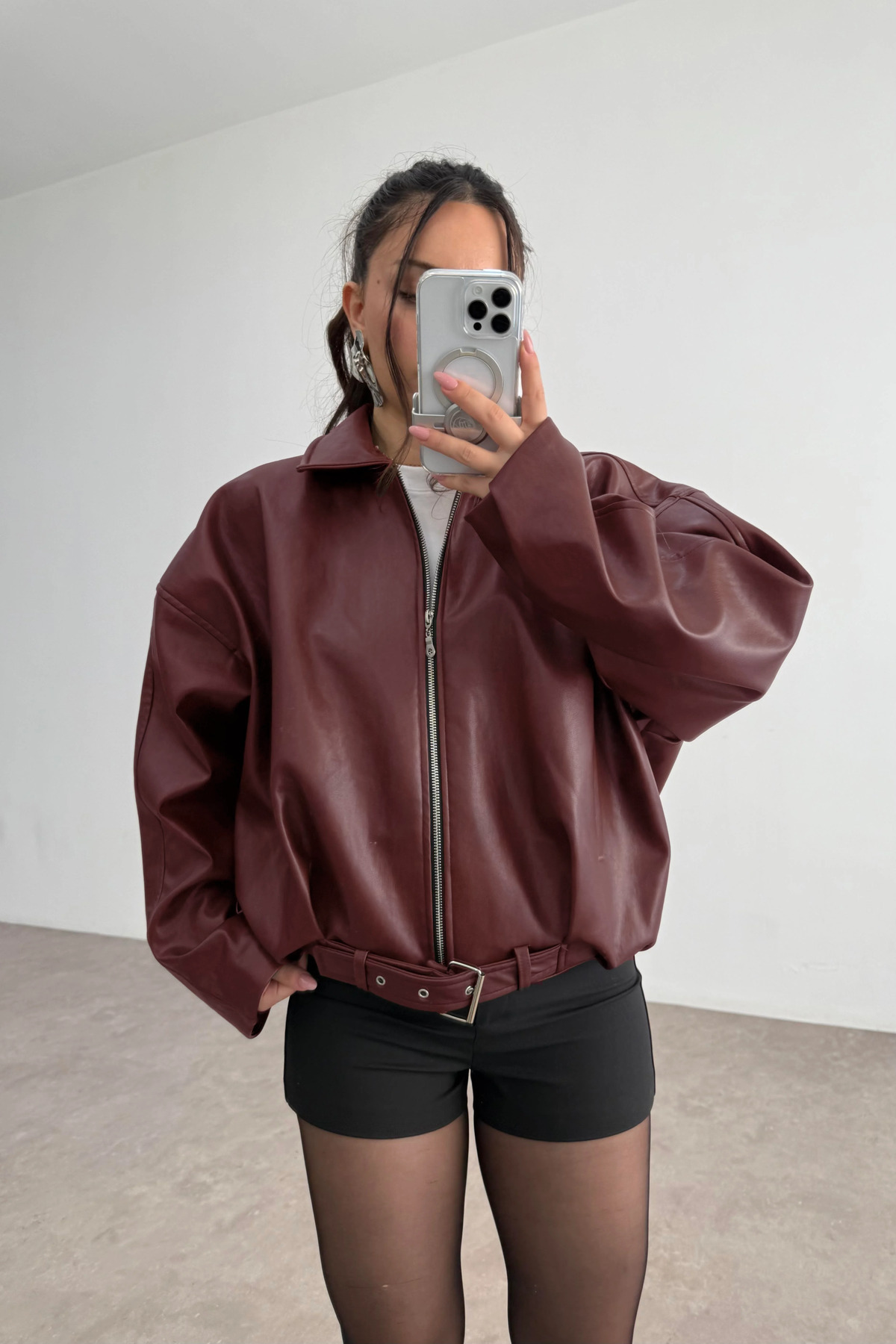 Jaglion Luvren PB Oversize Bomber Kemerli Deri Ceket