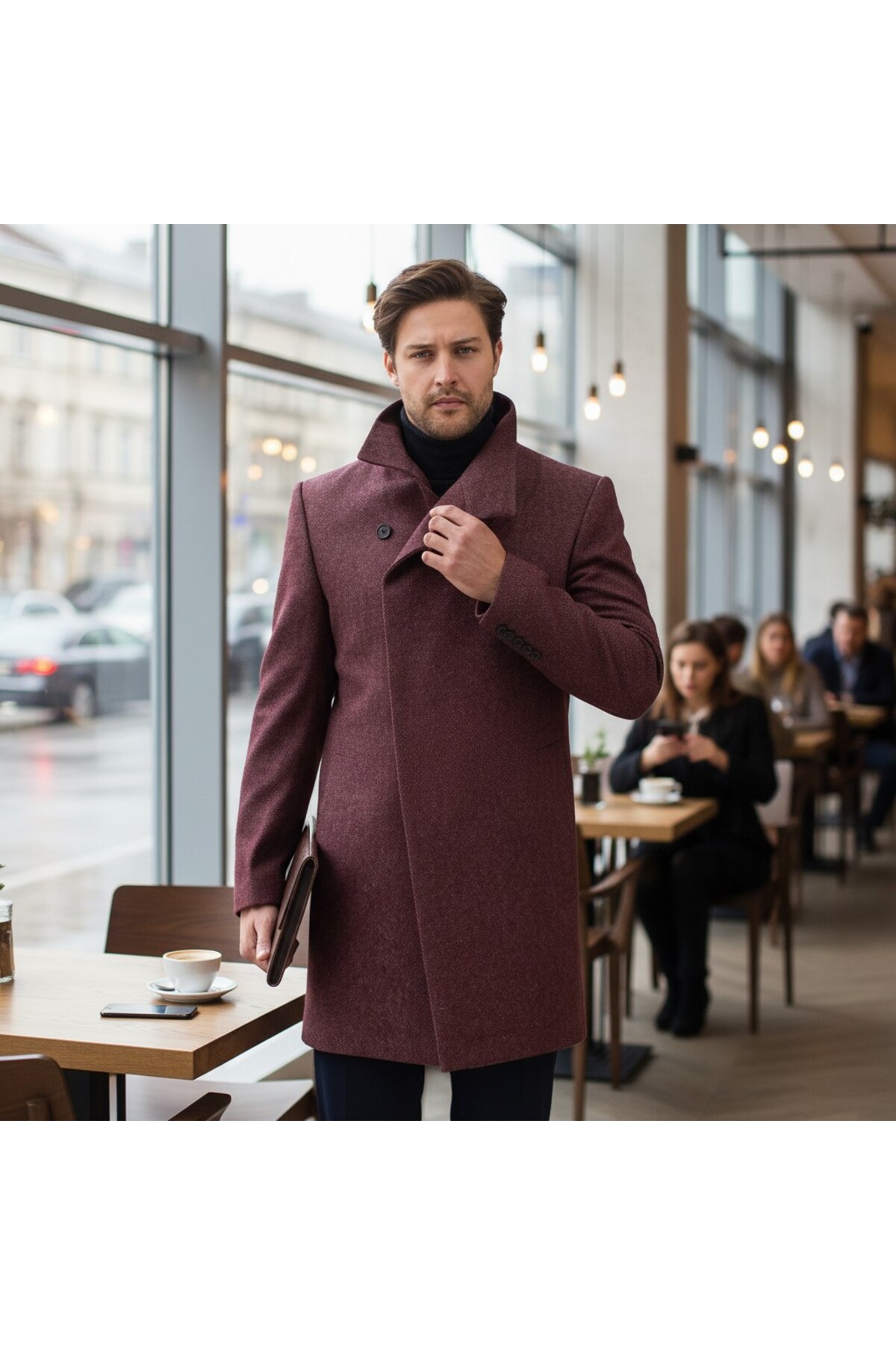 Frappoli Liberto Erkek Bordo Şal Yaka Slim Fit Kaşe Kaban görsel 2