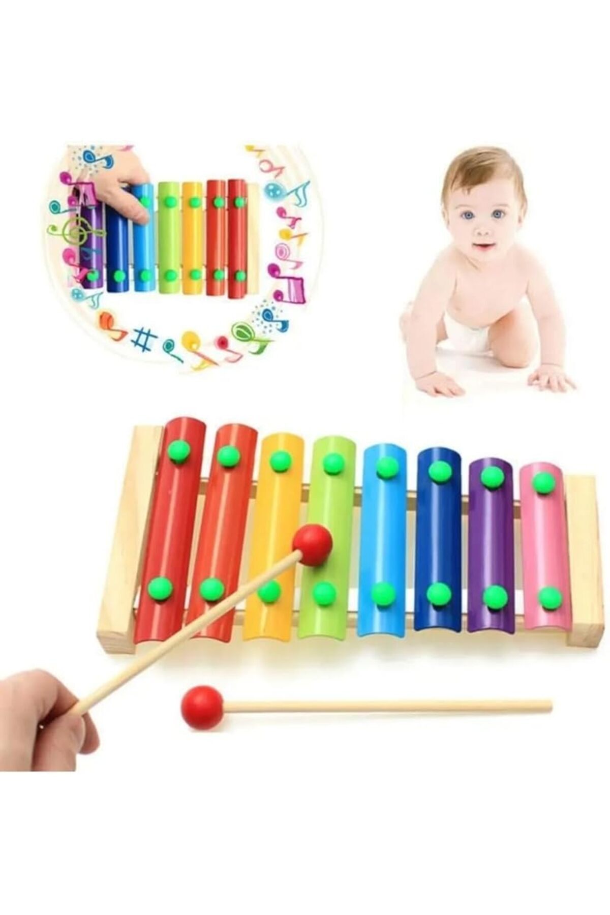 salesalbutik Boy Ahşap Ksilofon 8 Nota 8 Ton 25 Cm 8 Tuşlu Sesli Selefon Oyuncak Eğitici Nostaljik