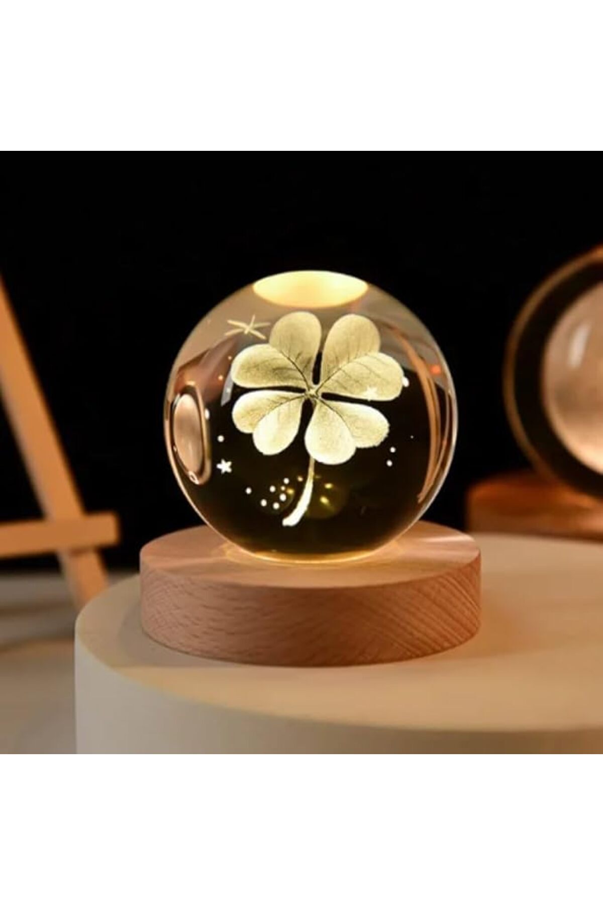 SoyluhanStore Kristal Cam Küre LED Işıklı Usb Kablolu Ahşap Stantlı Gece Lambası Dekoratif Hediyelik (Yonca)