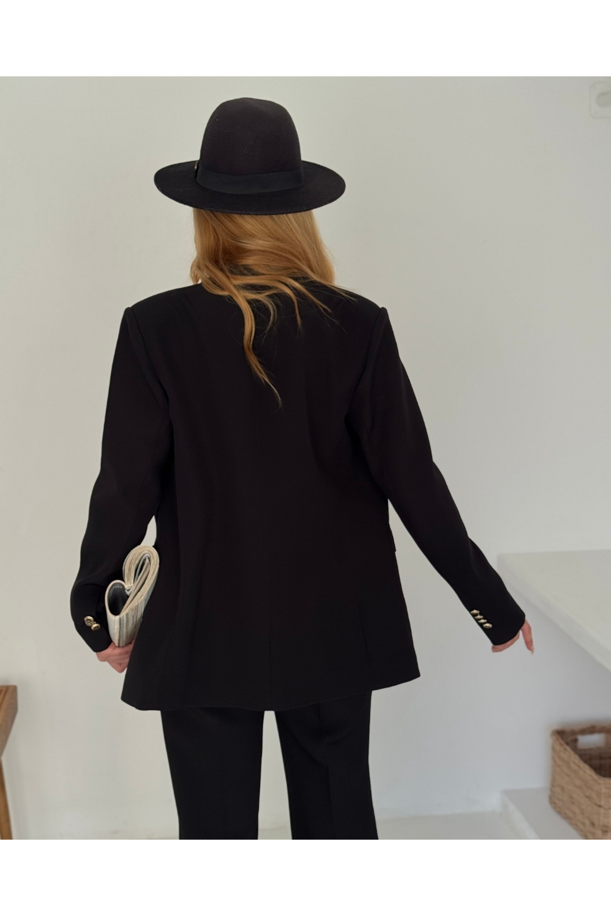 Kadın Siyah Kruvaze düğmeli Blazer Ceket Pantolon Takım