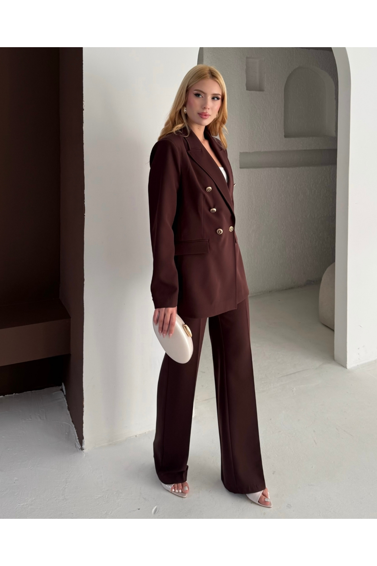 Kadın Acı Kahve Kruvaze düğmeli Blazer Ceket Pantolon Takım