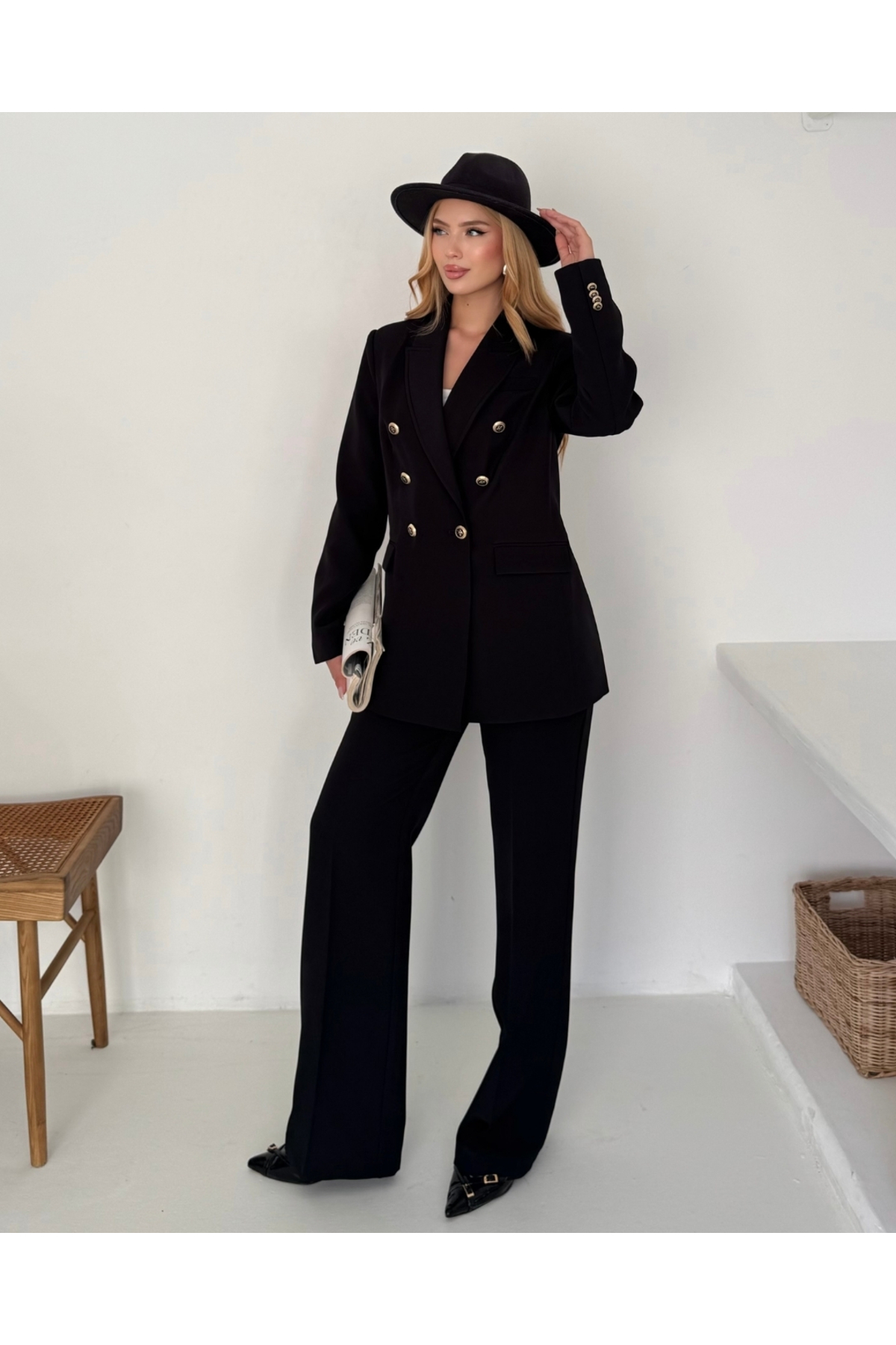 Kadın Siyah Kruvaze düğmeli Blazer Ceket Pantolon Takım