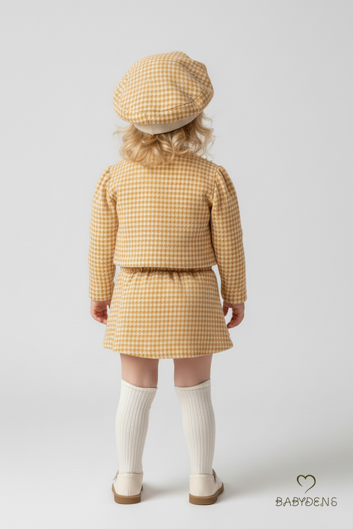 BABYDEN'S Kız Bebek Kışlık Elbise Etek Ceket Şapka Takımı,Oduncu Kumaş Baharlık 3’lü Kombin Düğme ve Fiyonklu fotoğrafı 5 (önizleme)