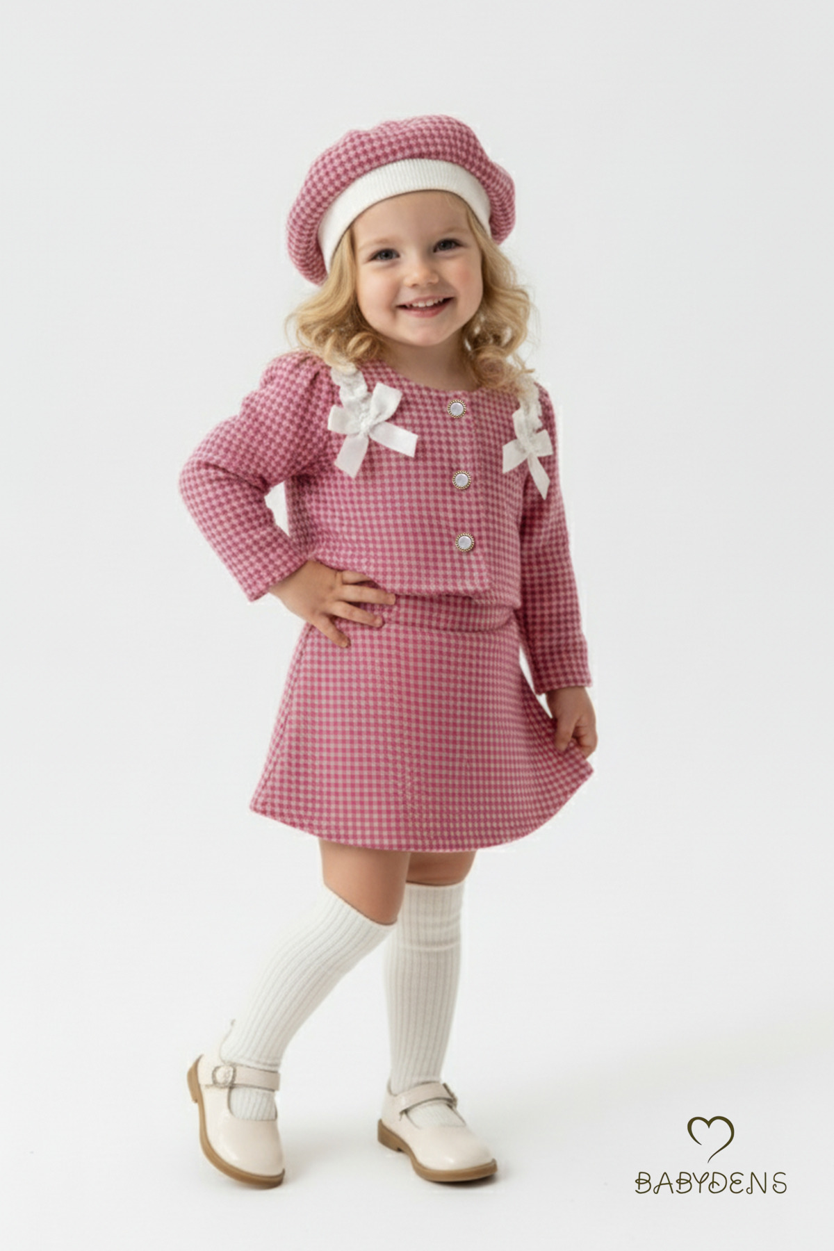 BABYDEN'S Kız Bebek Kışlık Elbise Etek Ceket Şapka Takımı,Oduncu Kumaş Baharlık 3’lü Kombin Düğme ve Fiyonklu fotoğrafı 3 (önizleme)