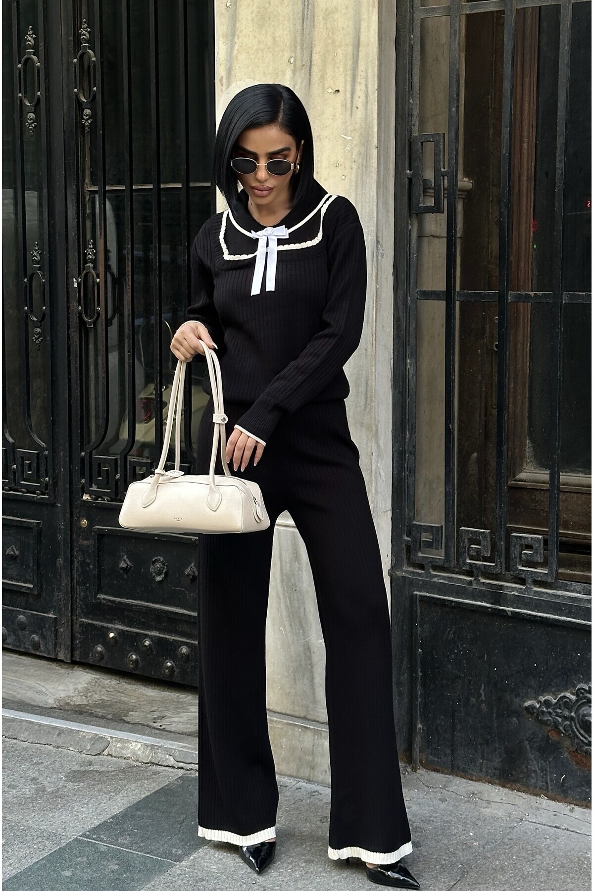 MEECY Hemdkragen mit Schleifendetail, Oberteil und Unterteil aus Strickwaren