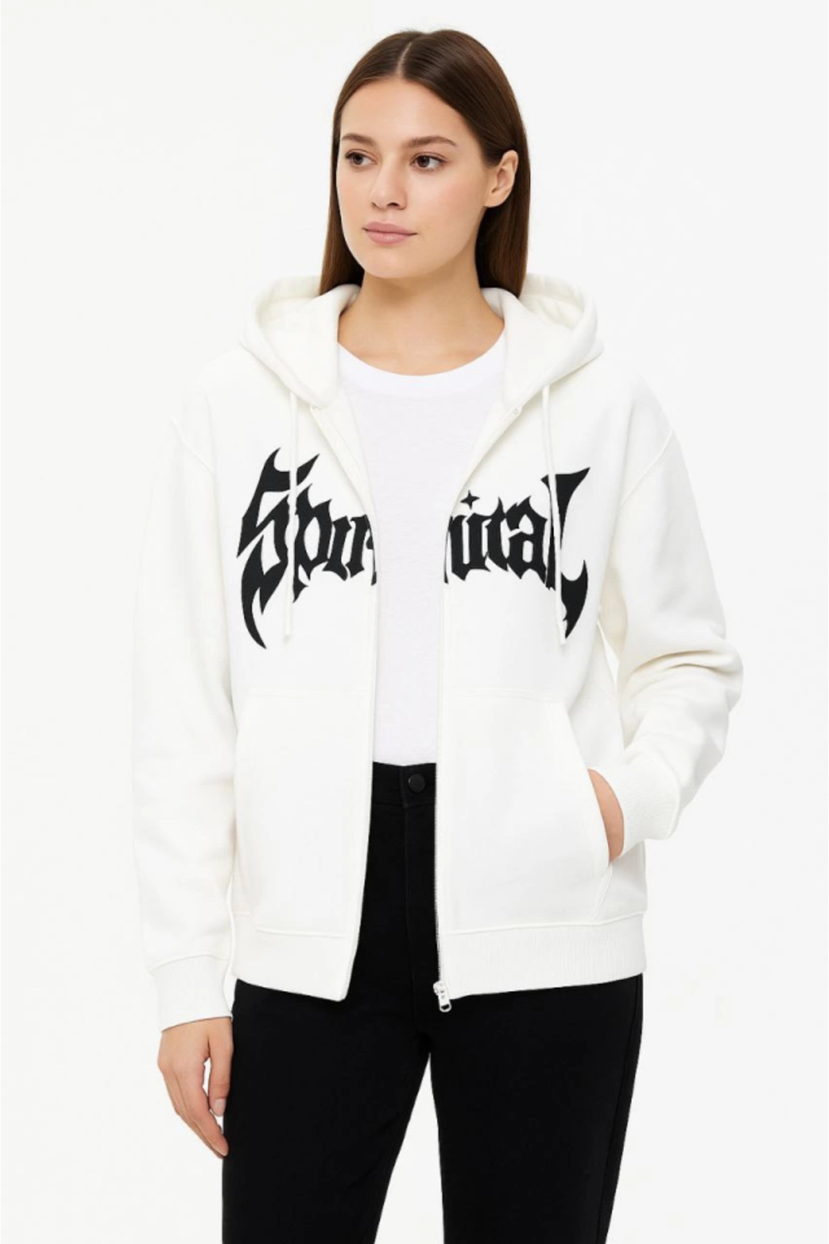Oversize Kapüşonlu Sweatshirt Hoodie 3 İplik Şardonlu Pamuklu Kumaş, Önü Baskılı, Fermu