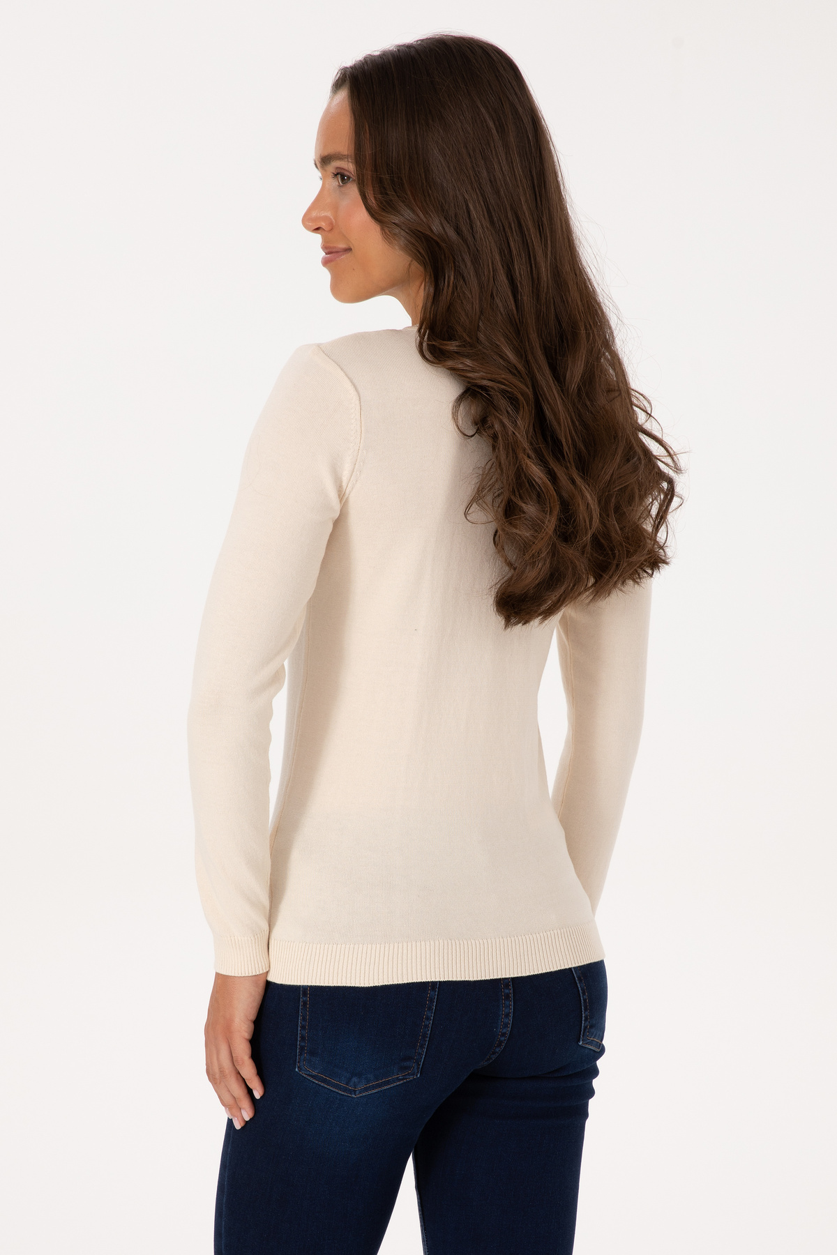 U.S. Polo Assn.  Kadın Krem V Yaka Basic Kazak 50307727-VR256 - Görsel 5