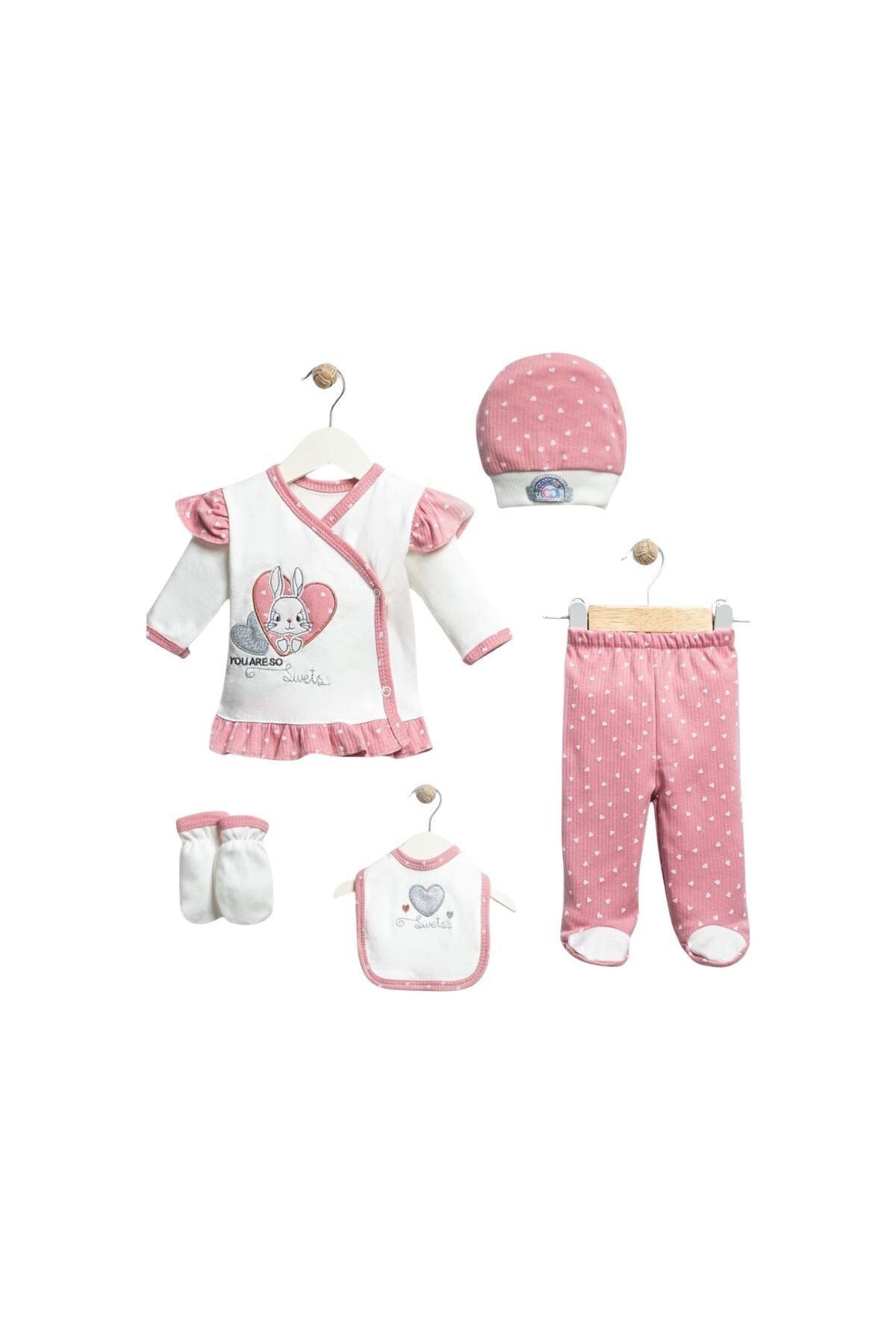 Skygo 5’li Concon Fistolu Tavşan Desenli Lüks Zıbın Takımı – 1-3 Ay Kız Bebek