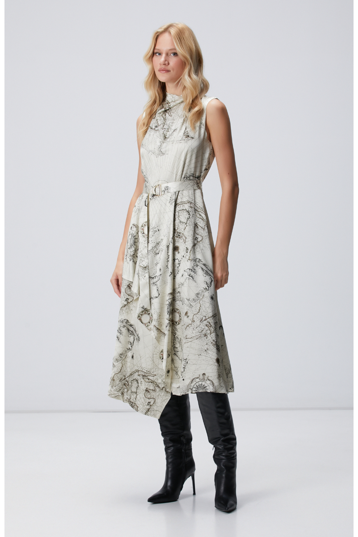 Limited Light Beige Patterned Silk Blended Dress