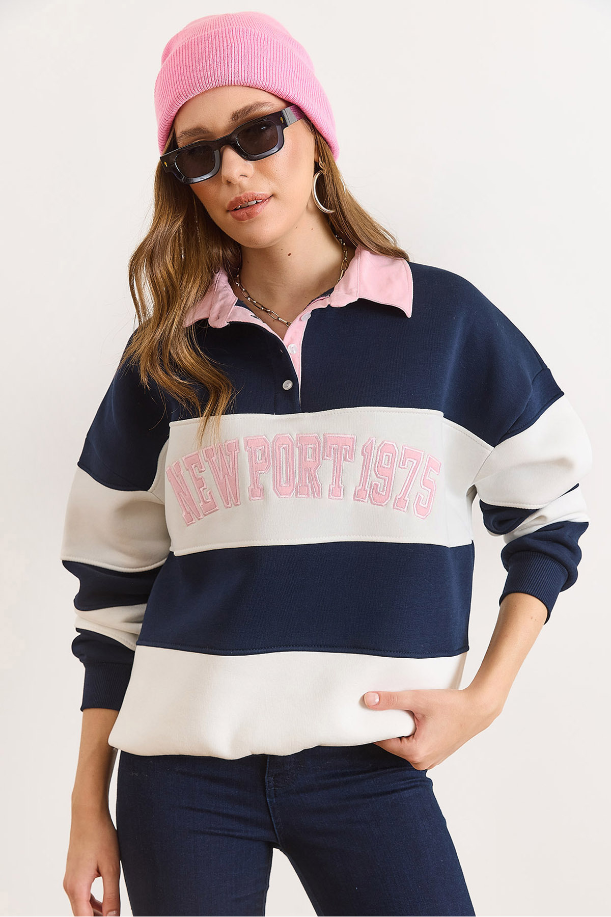 Olalook Kadın Lacivert Pembe Polo Yaka Renk Detaylı Oversize Şardonlu Sweatshirt SWT-19000783