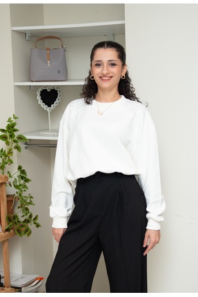 OLİAWEAR Kadın Taşlı Desenli Bisiklet Yaka Beyaz Sweatshirt