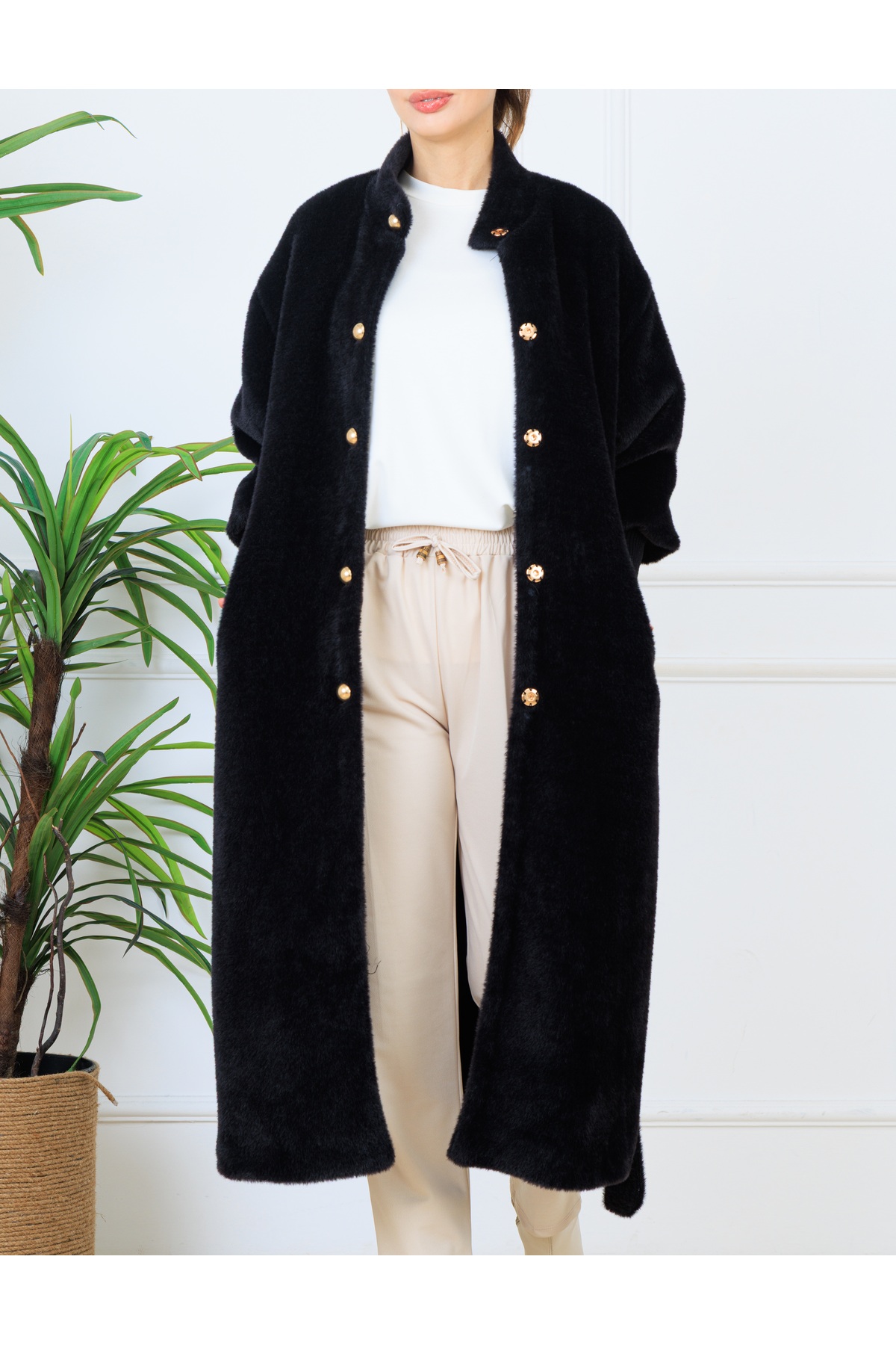 Elony Fashion  Kadın Gizli Çıtçıtlı Süs Düğmeli Kolları Kaşkorseli Kuşaklı Kaban - Görsel 3